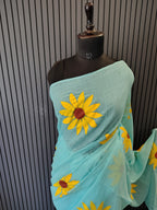 Sky Blue Sunflower Mulmul Saree