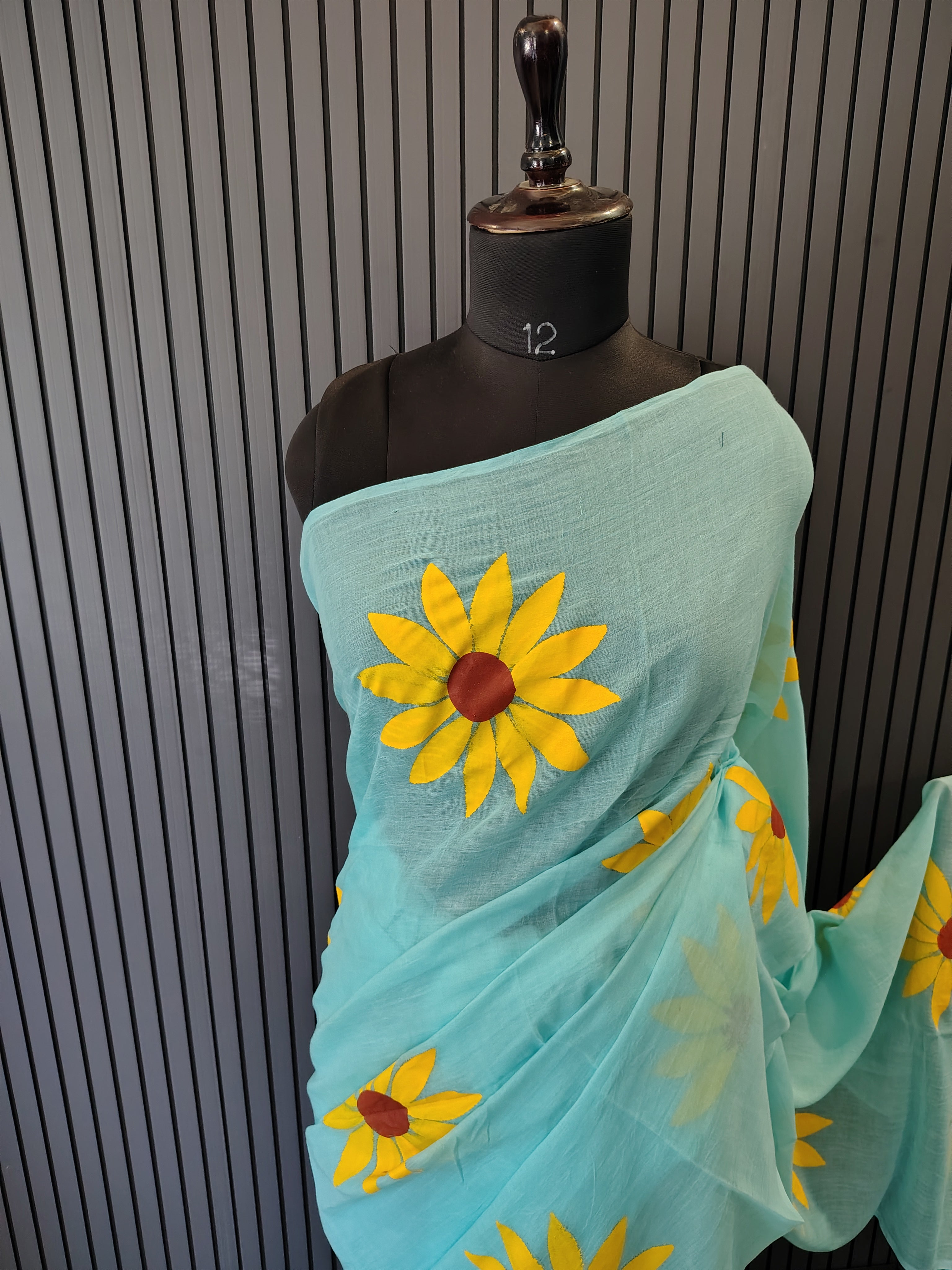 Sky Blue Sunflower Mulmul Saree