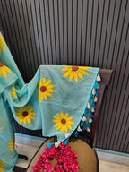 Sky Blue Sunflower Mulmul Saree