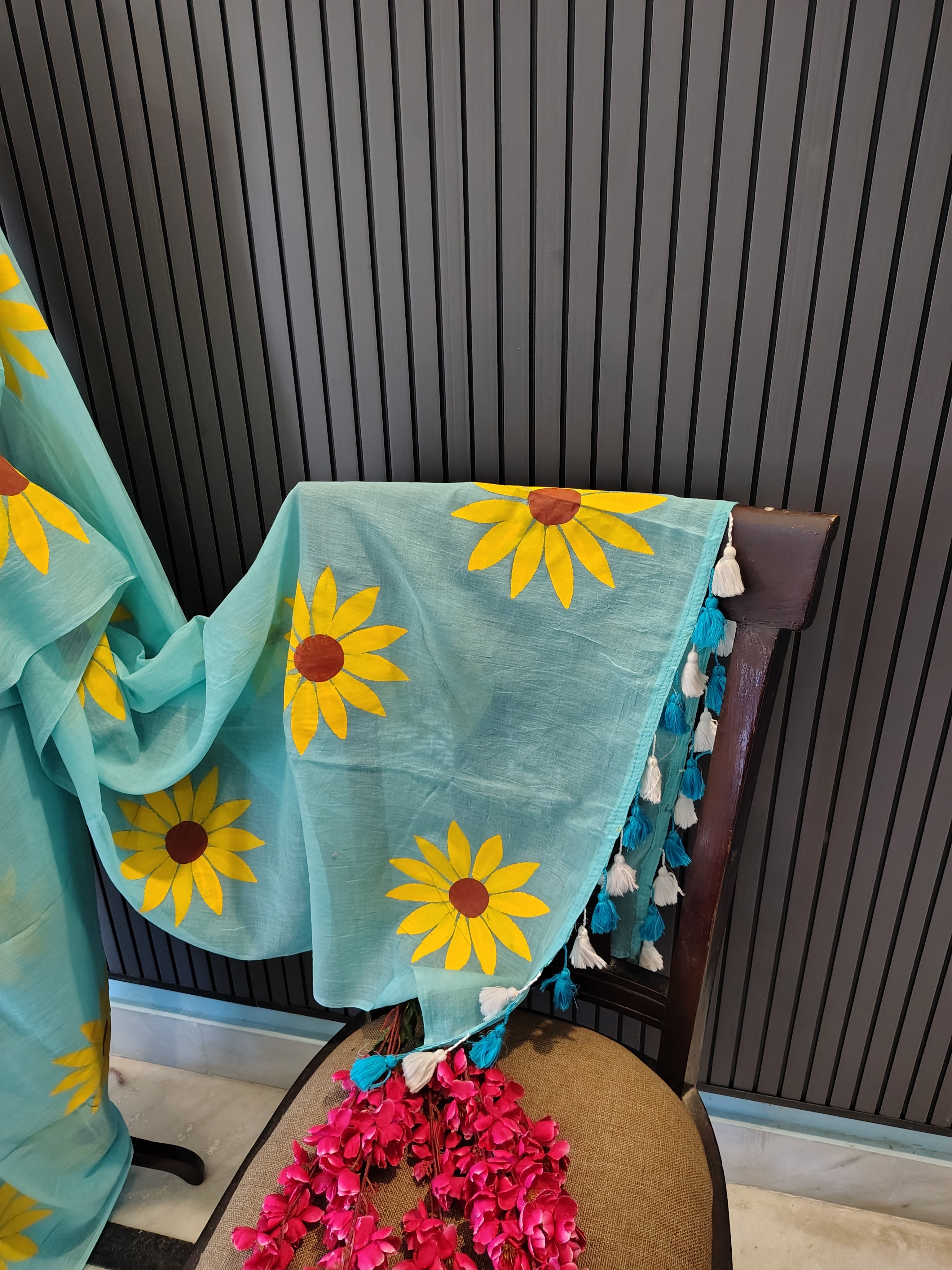 Sky Blue Sunflower Mulmul Saree