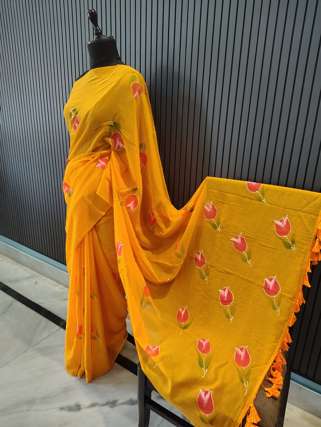 Orange Tulip Mulmul Saree
