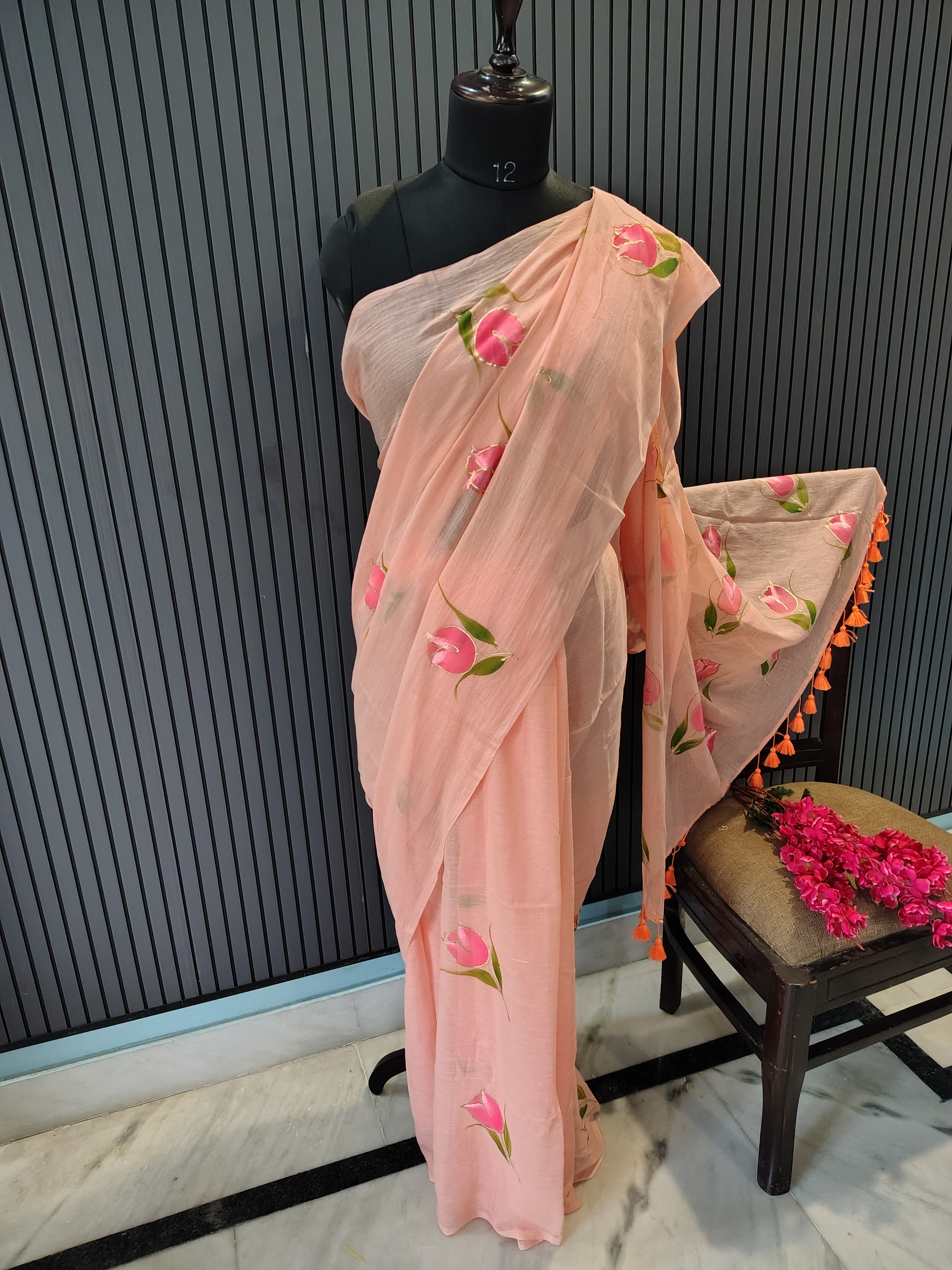 Peach Tulip Mulmul Saree