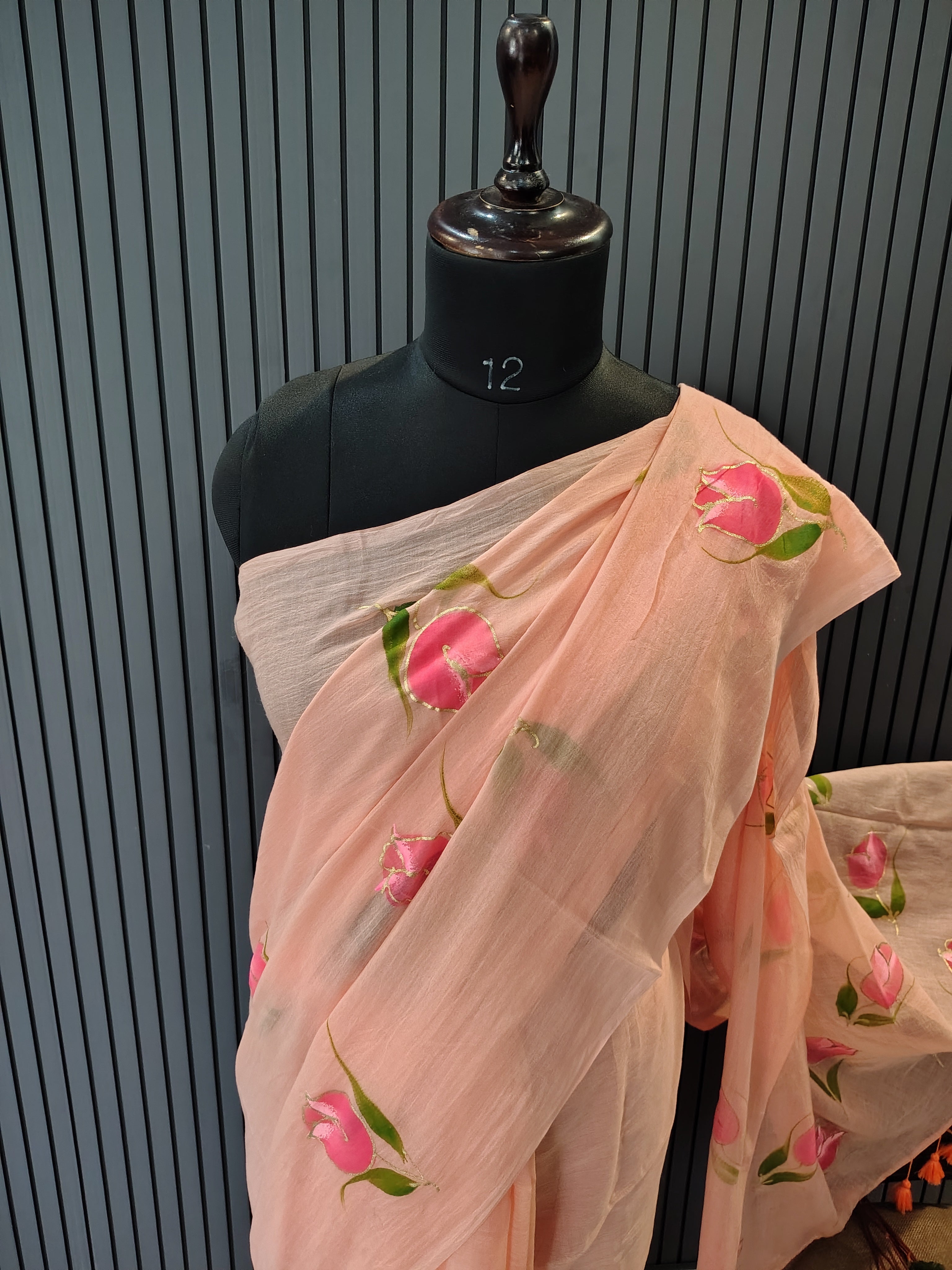 Peach Tulip Mulmul Saree