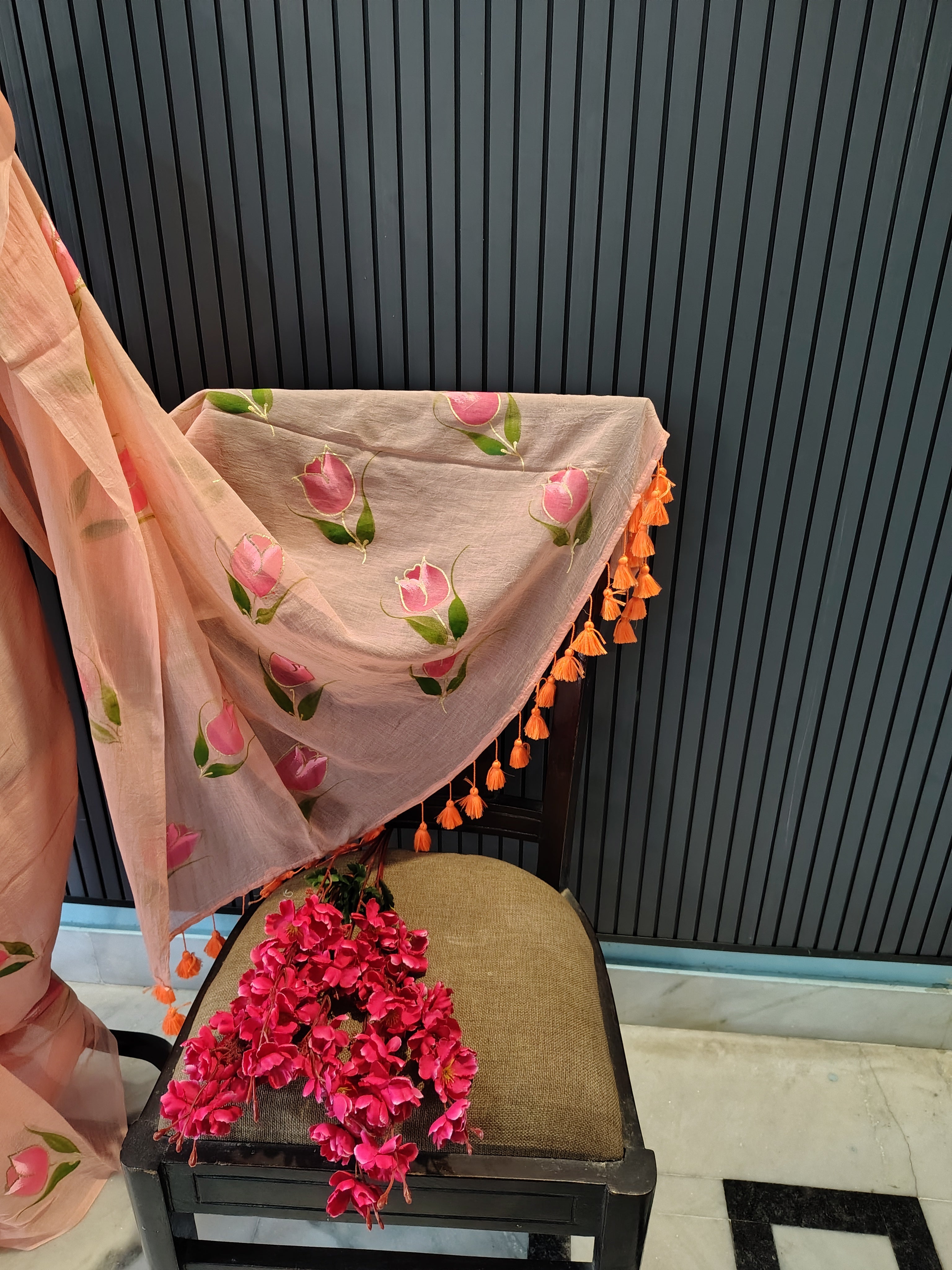 Peach Tulip Mulmul Saree