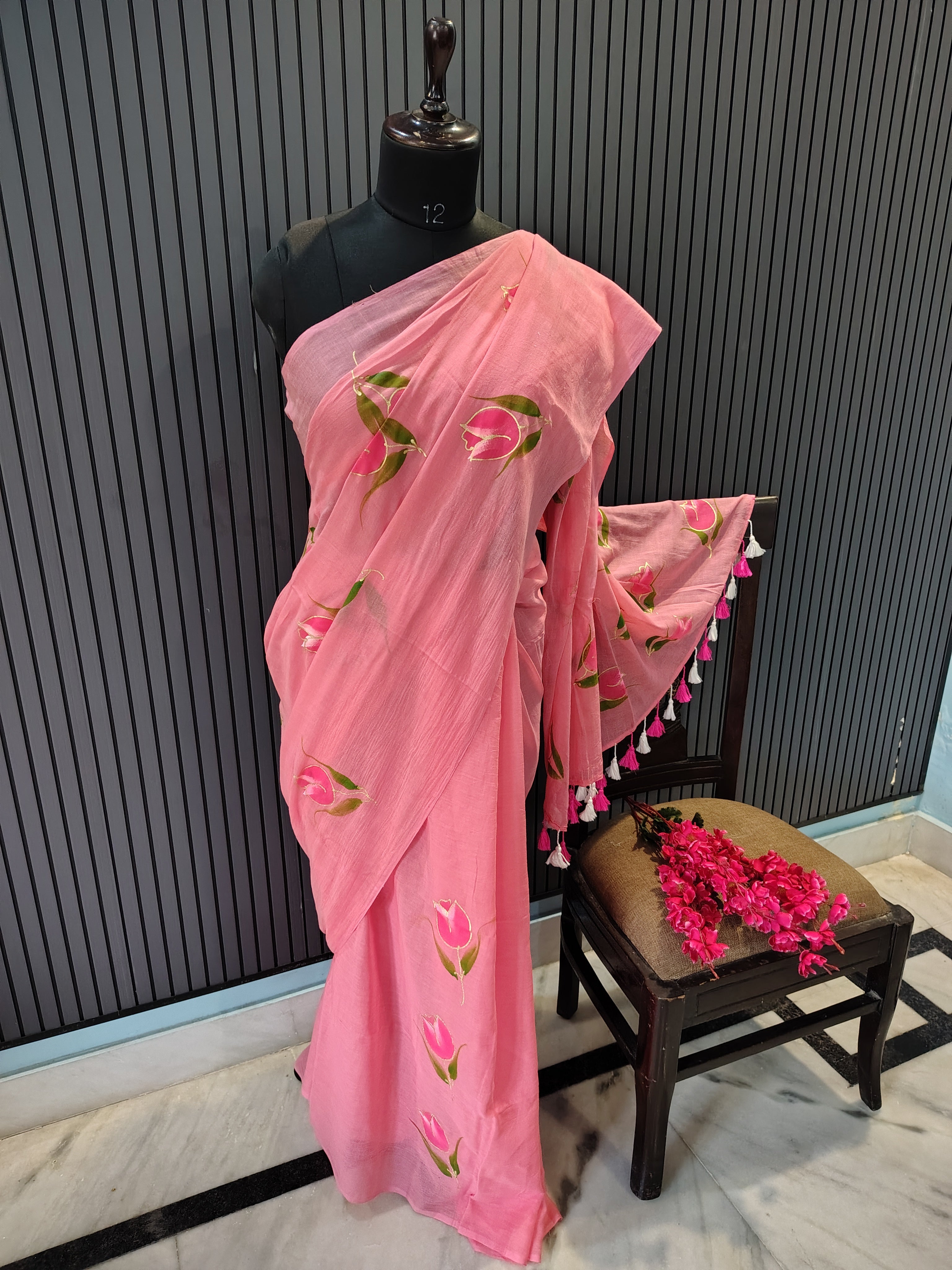Rose Pink Tulip Mulmul Saree
