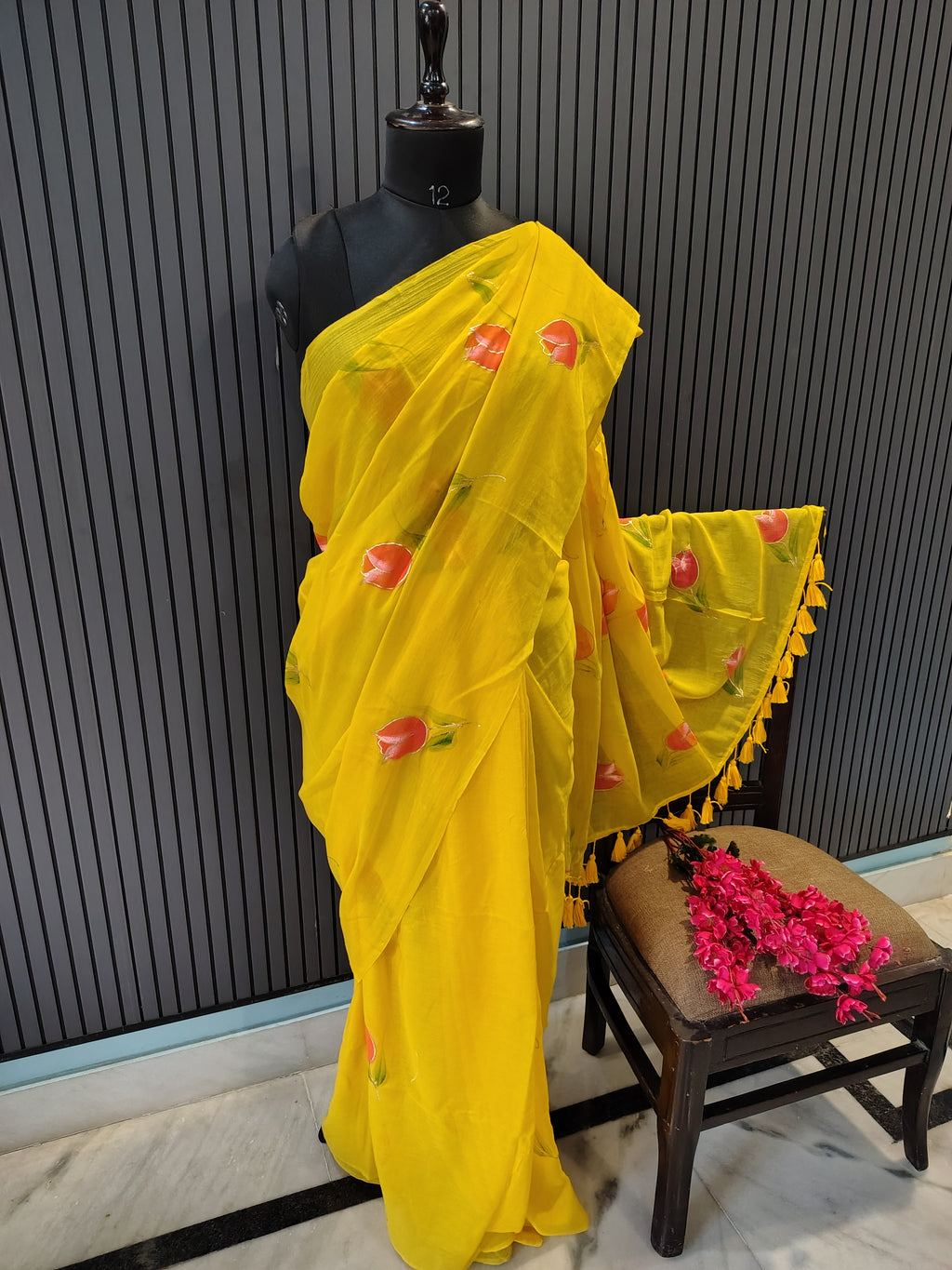 Mango Yellow Tulip Mulmul Saree
