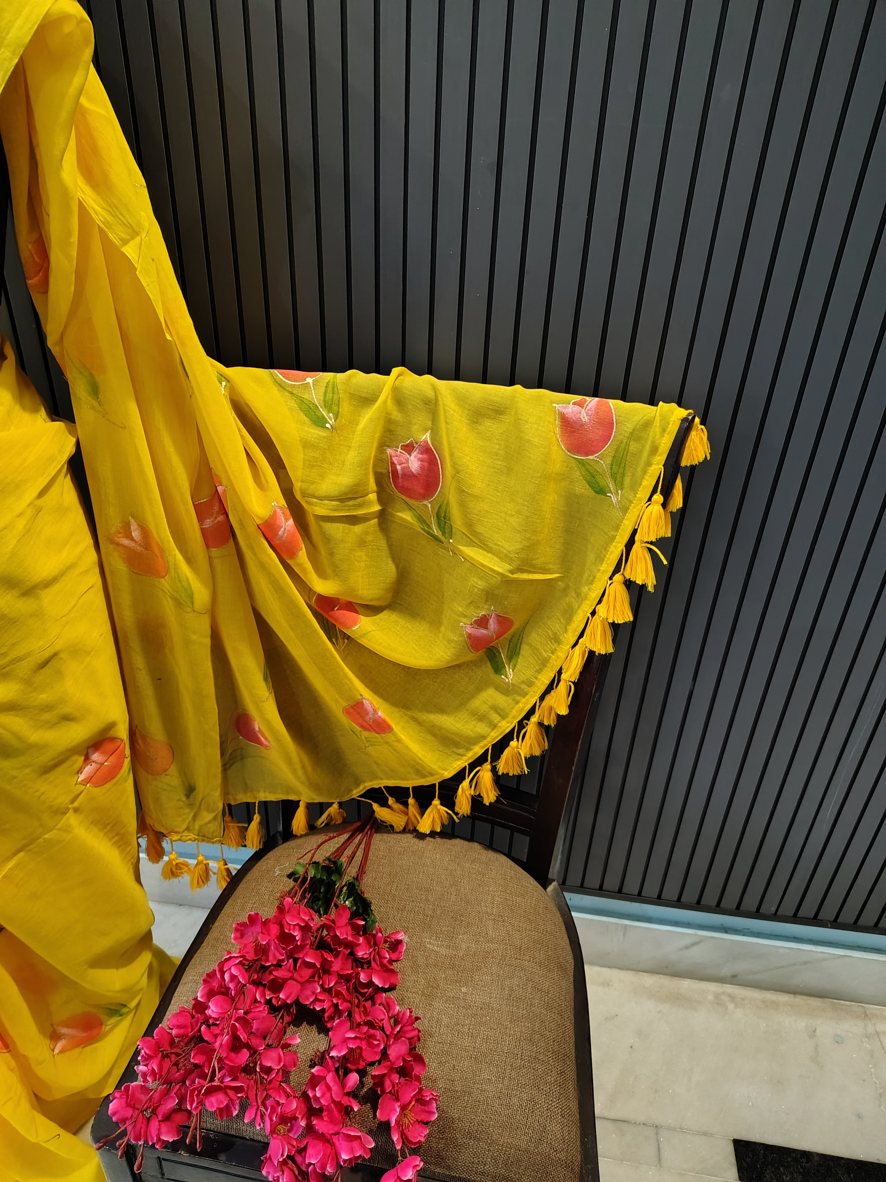 Mango Yellow Tulip Mulmul Saree