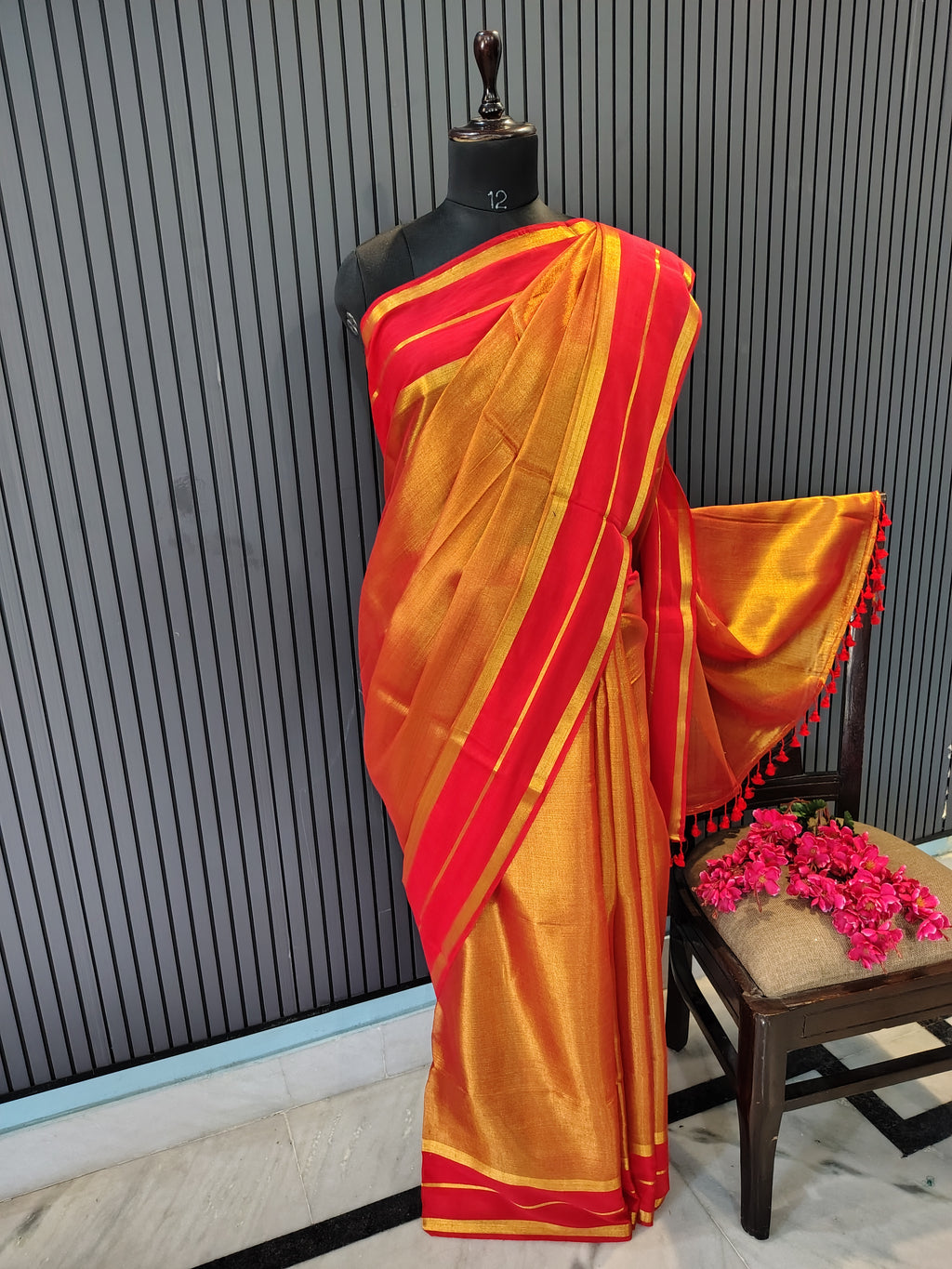 Golden Red Sarara Tissue Saree