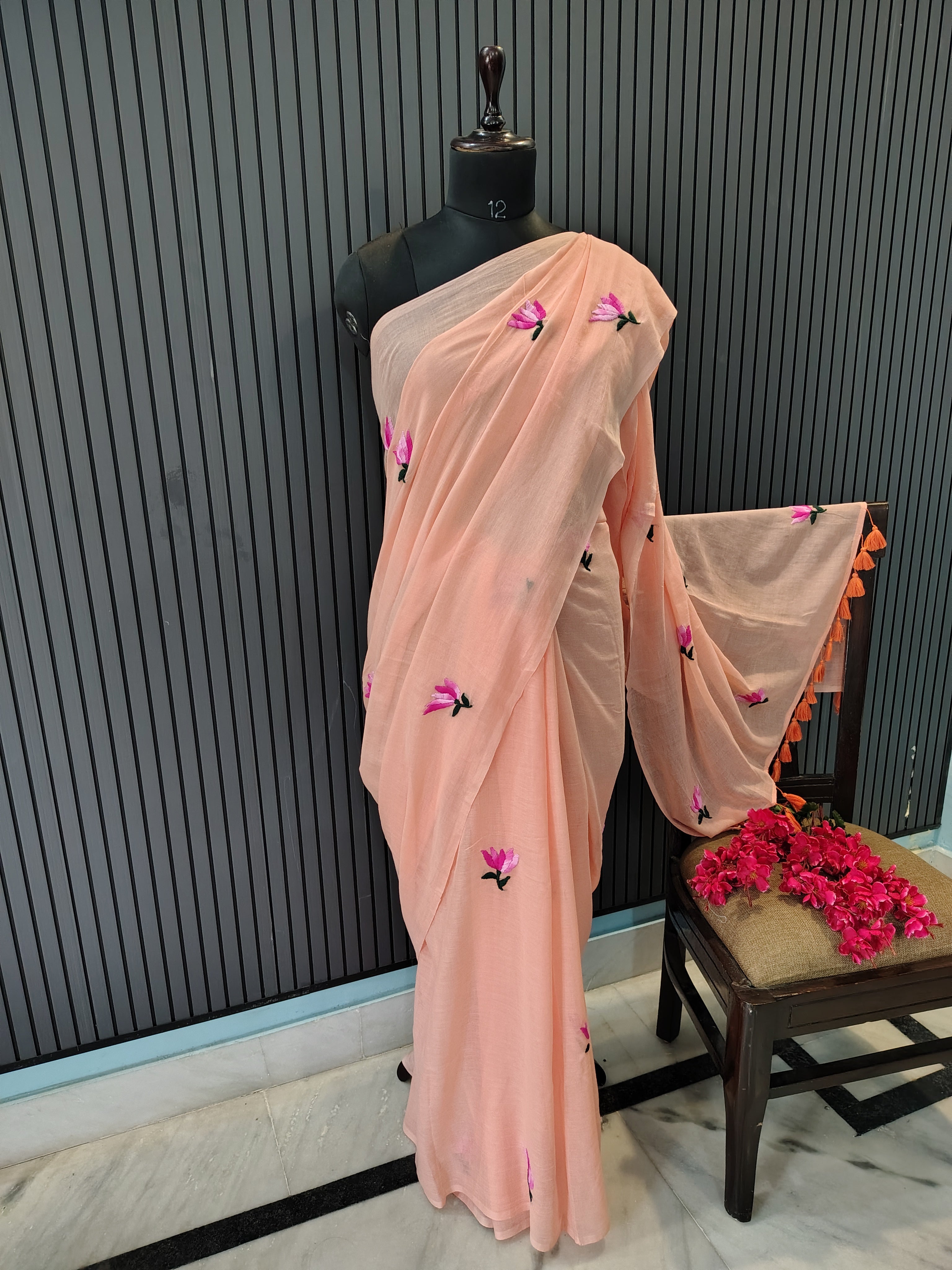 Peach Lotus Mulmul Saree