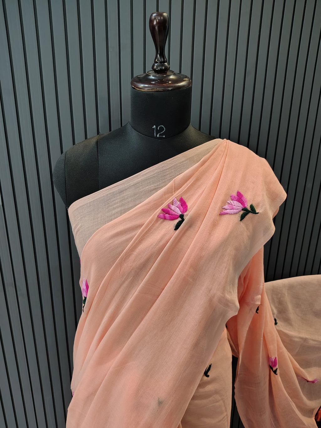 Peach Lotus Mulmul Saree