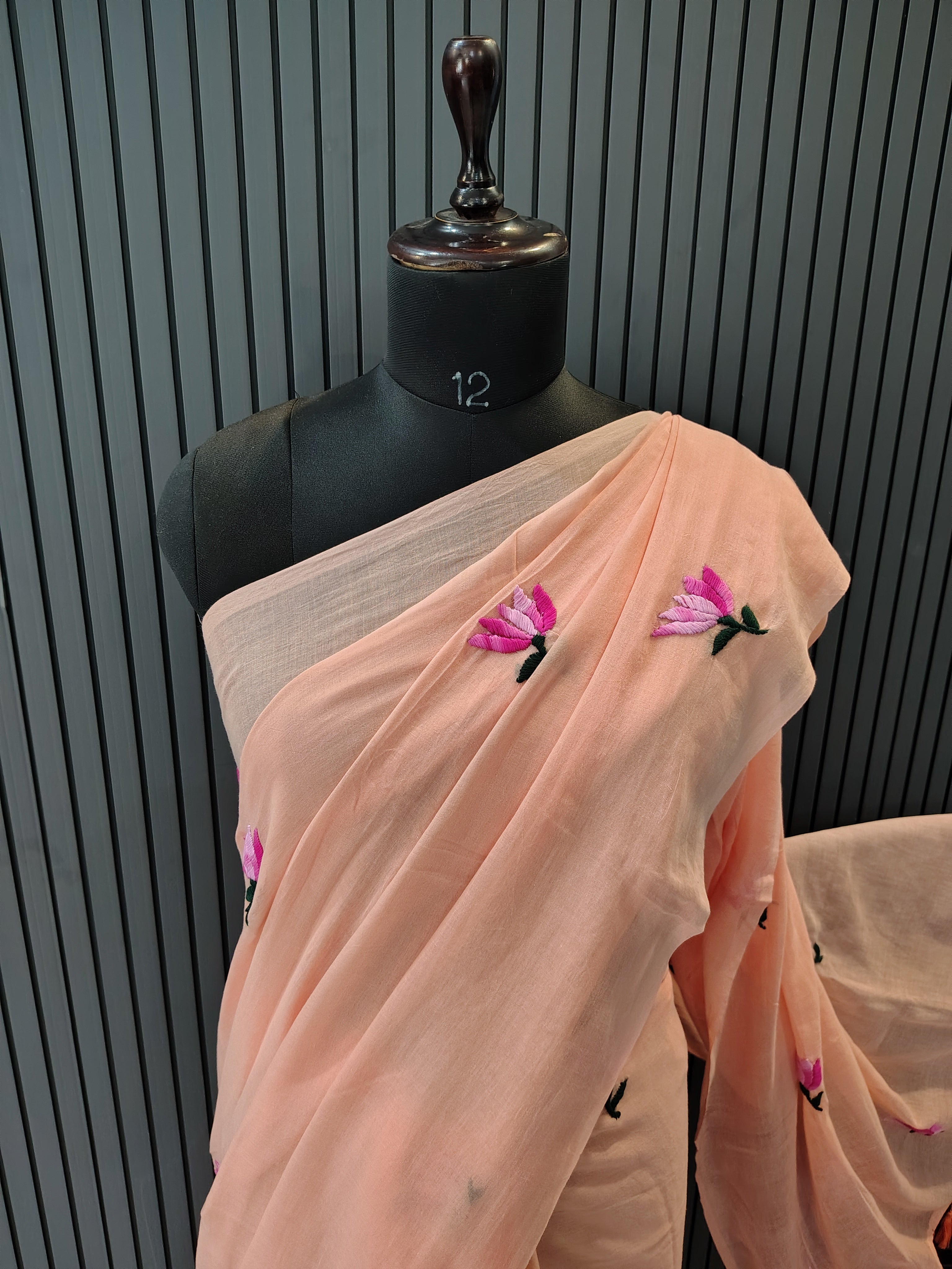 Peach Lotus Mulmul Saree