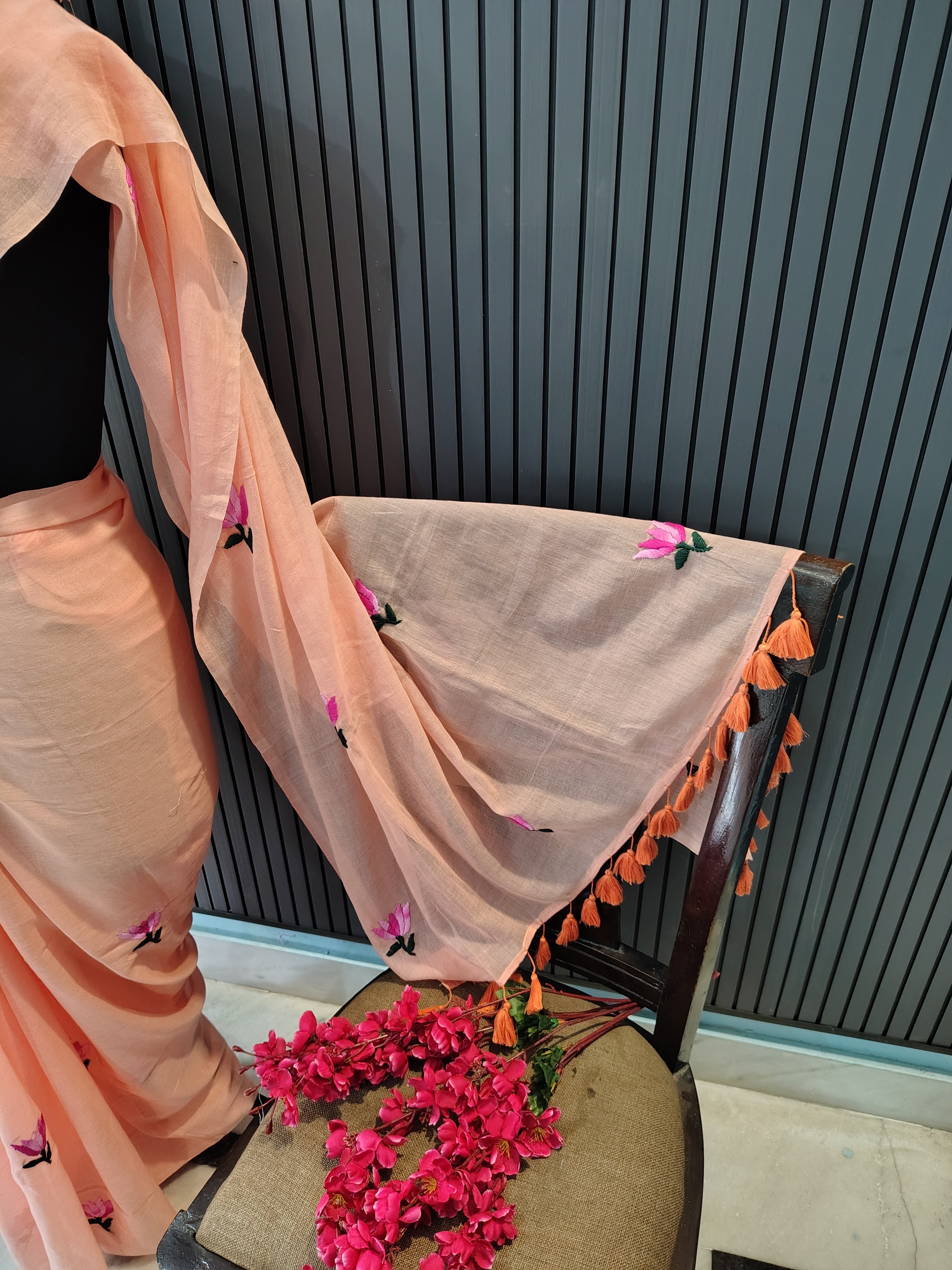 Peach Lotus Mulmul Saree