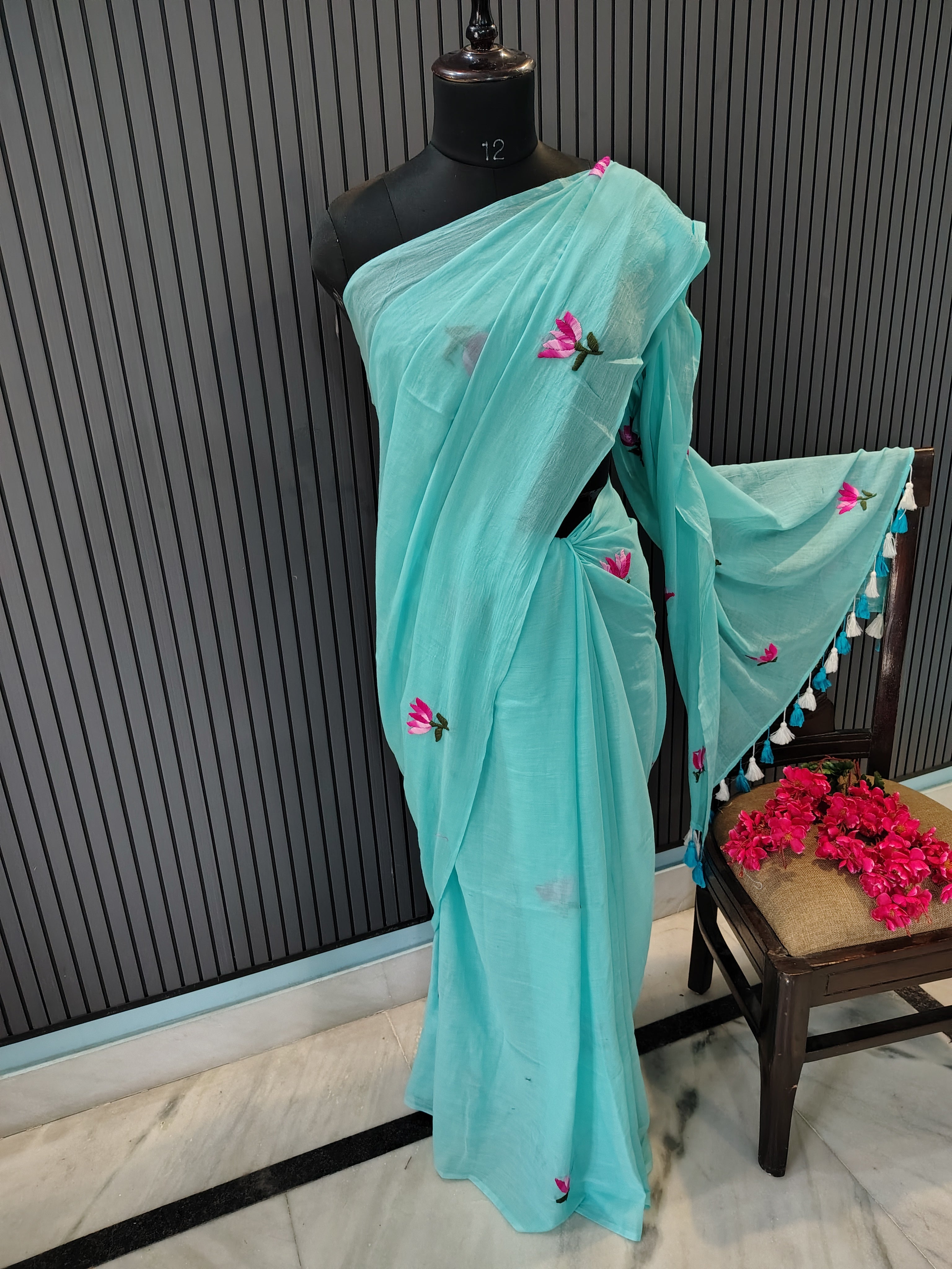 Sky Blue Lotus Mulmul Saree
