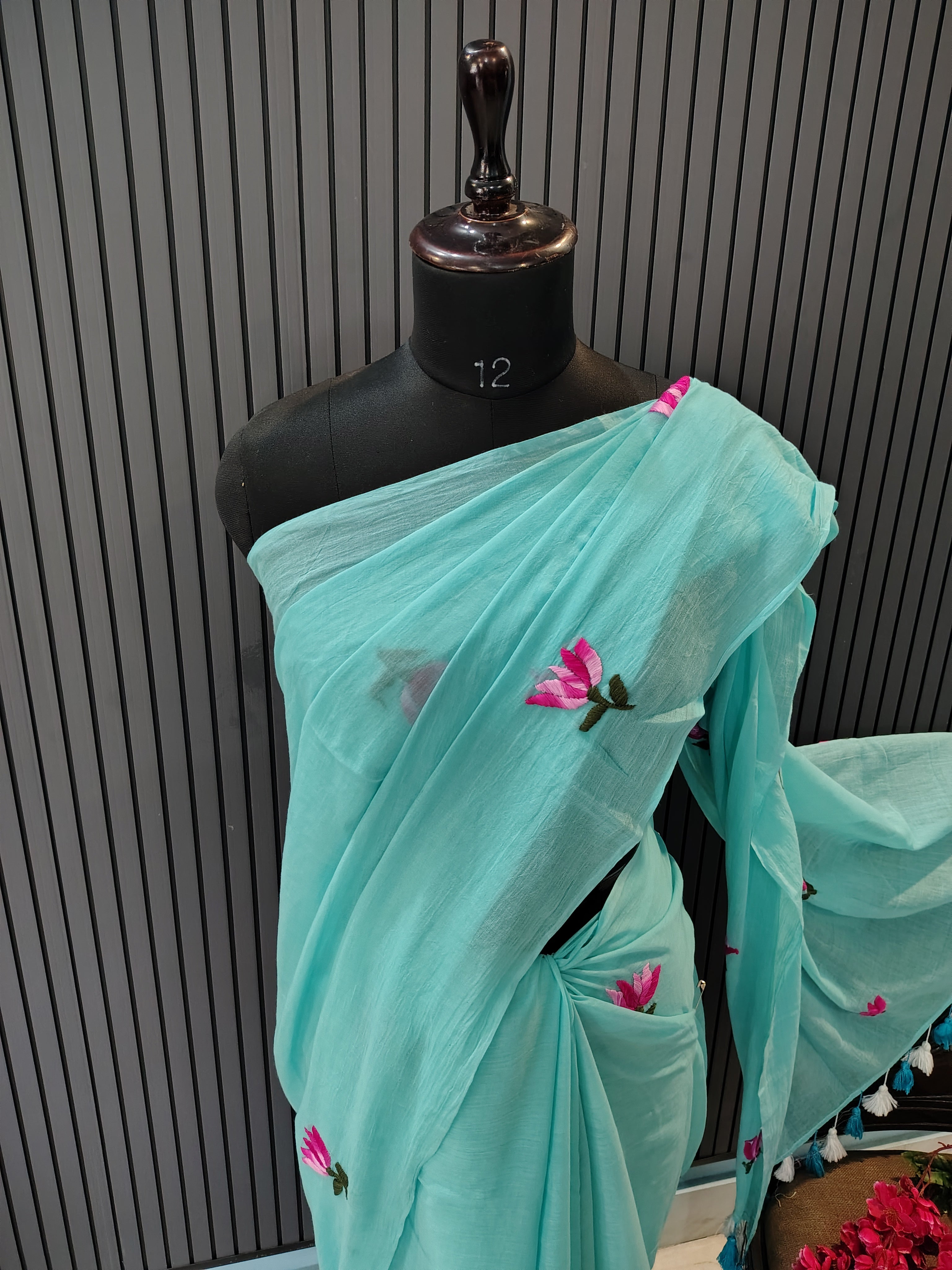 Sky Blue Lotus Mulmul Saree