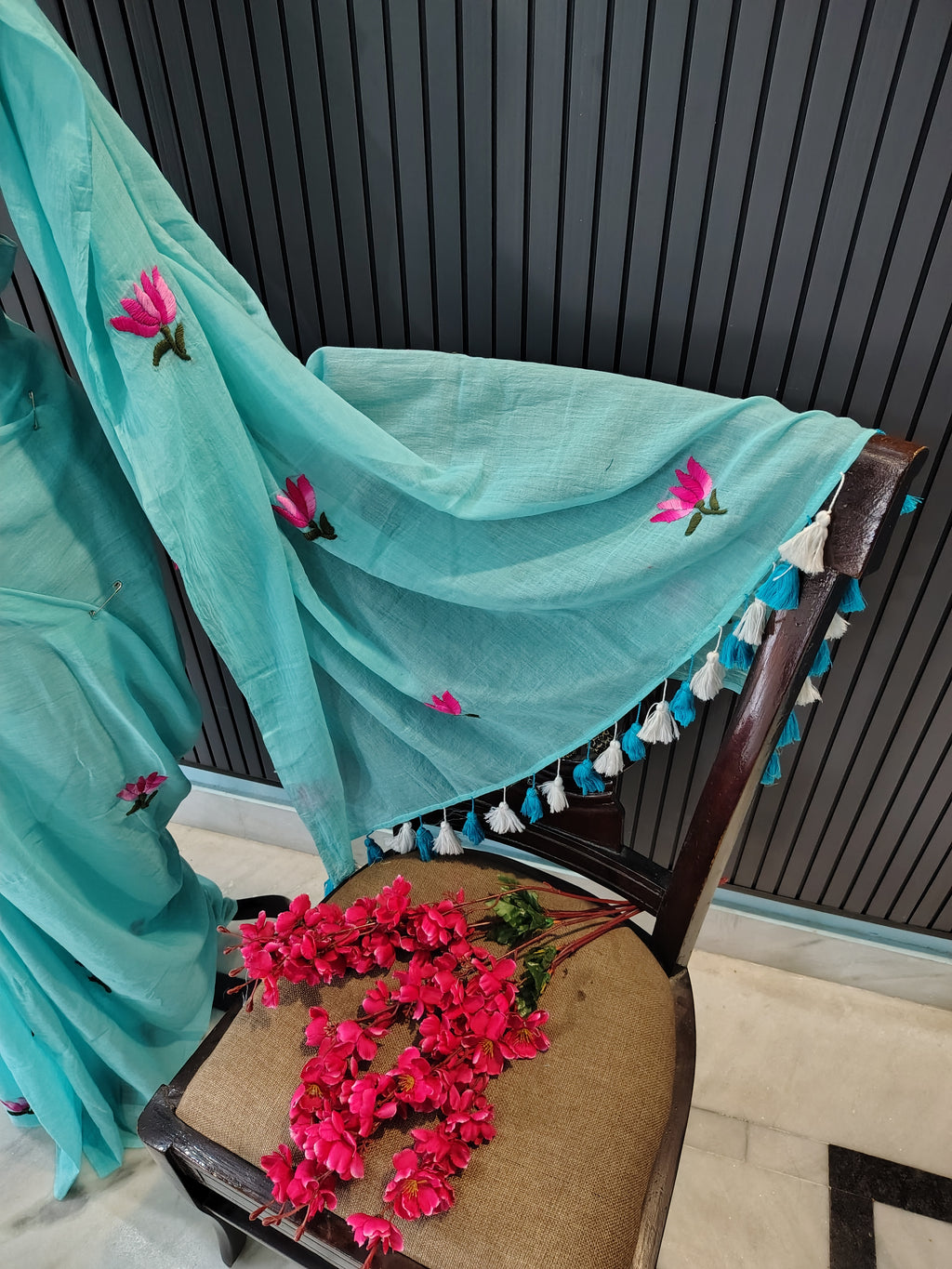Sky Blue Lotus Mulmul Saree