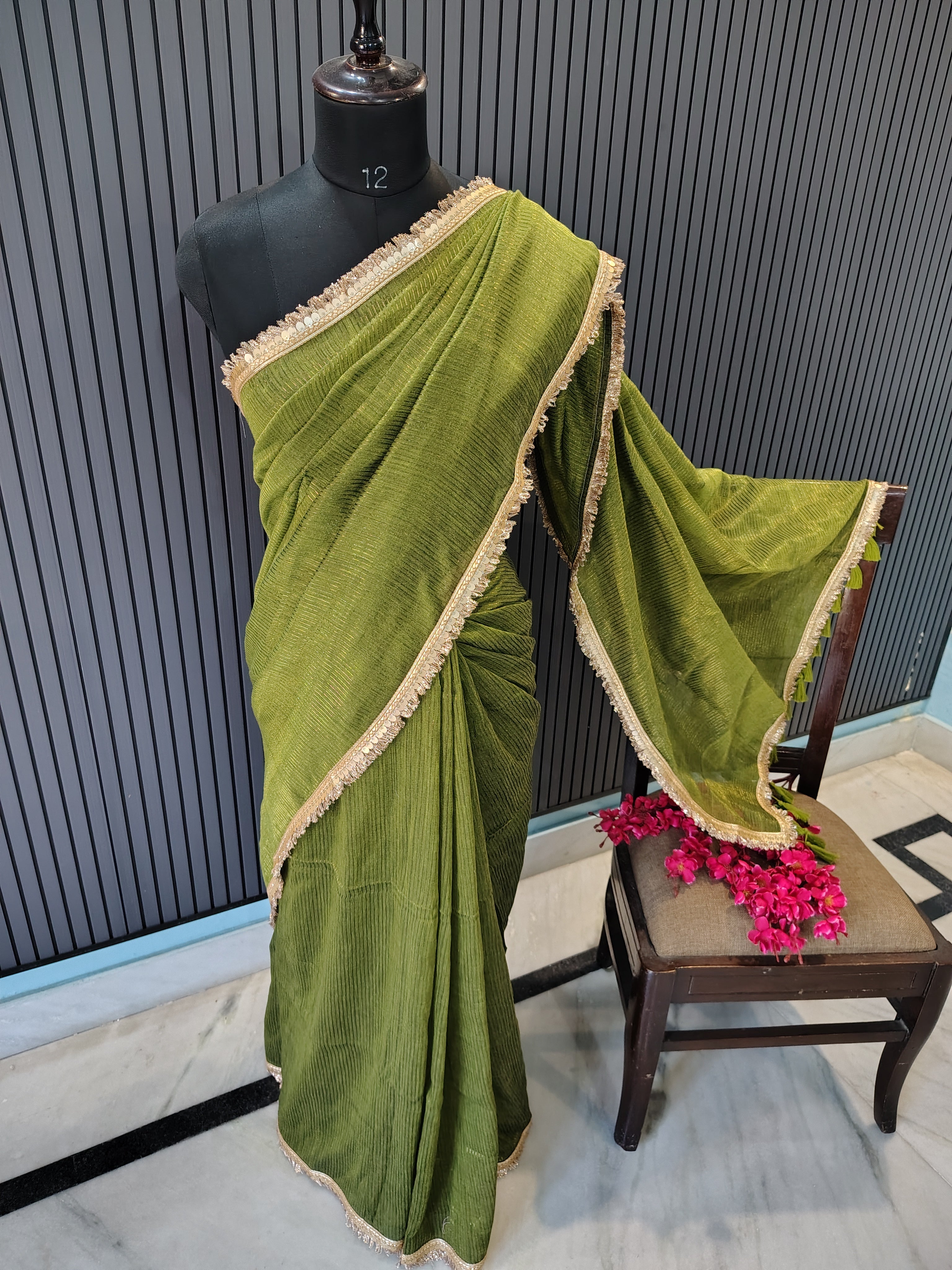 Olive Green Sitara Mulmul Saree