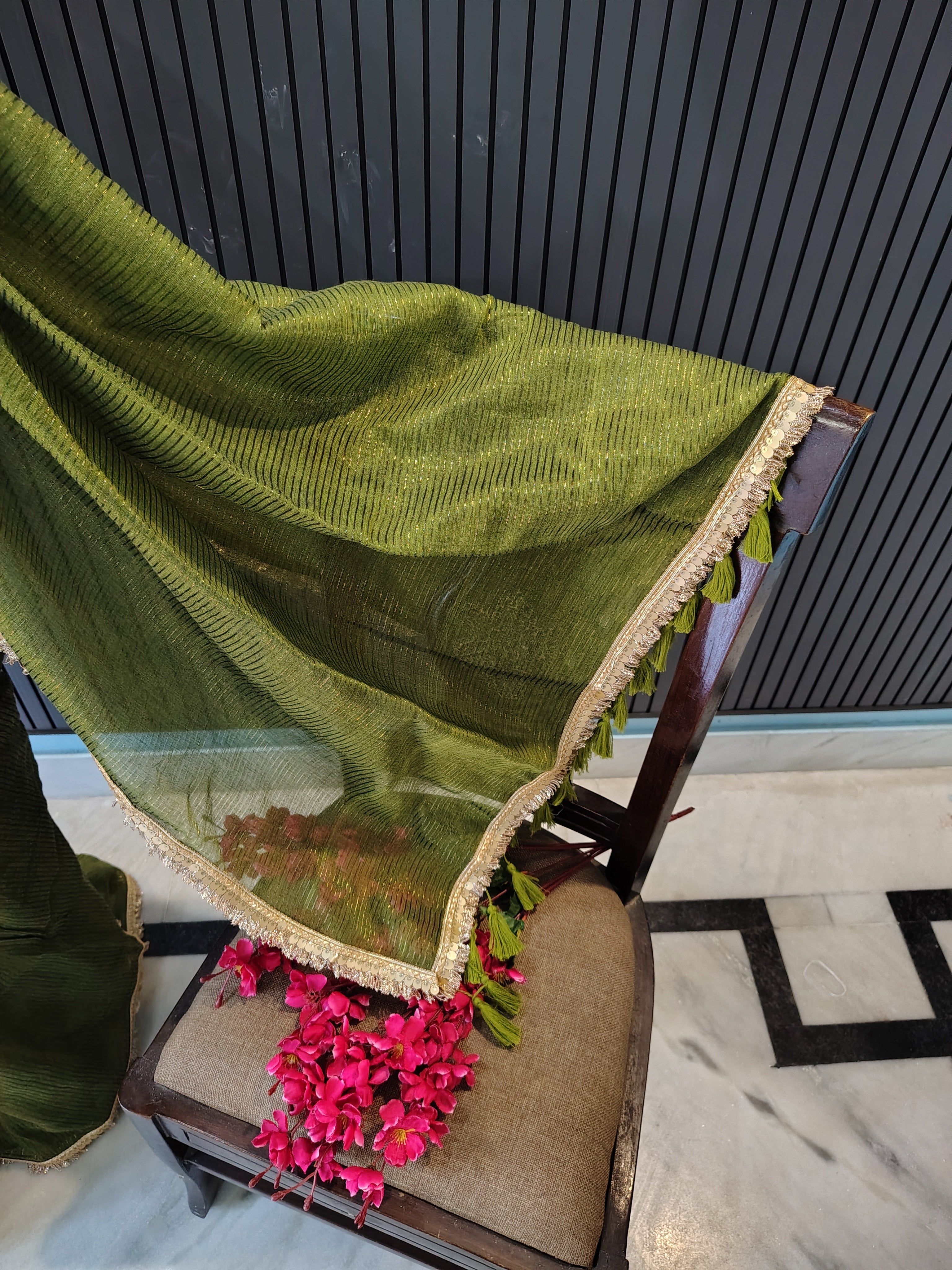 Olive Green Sitara Mulmul Saree