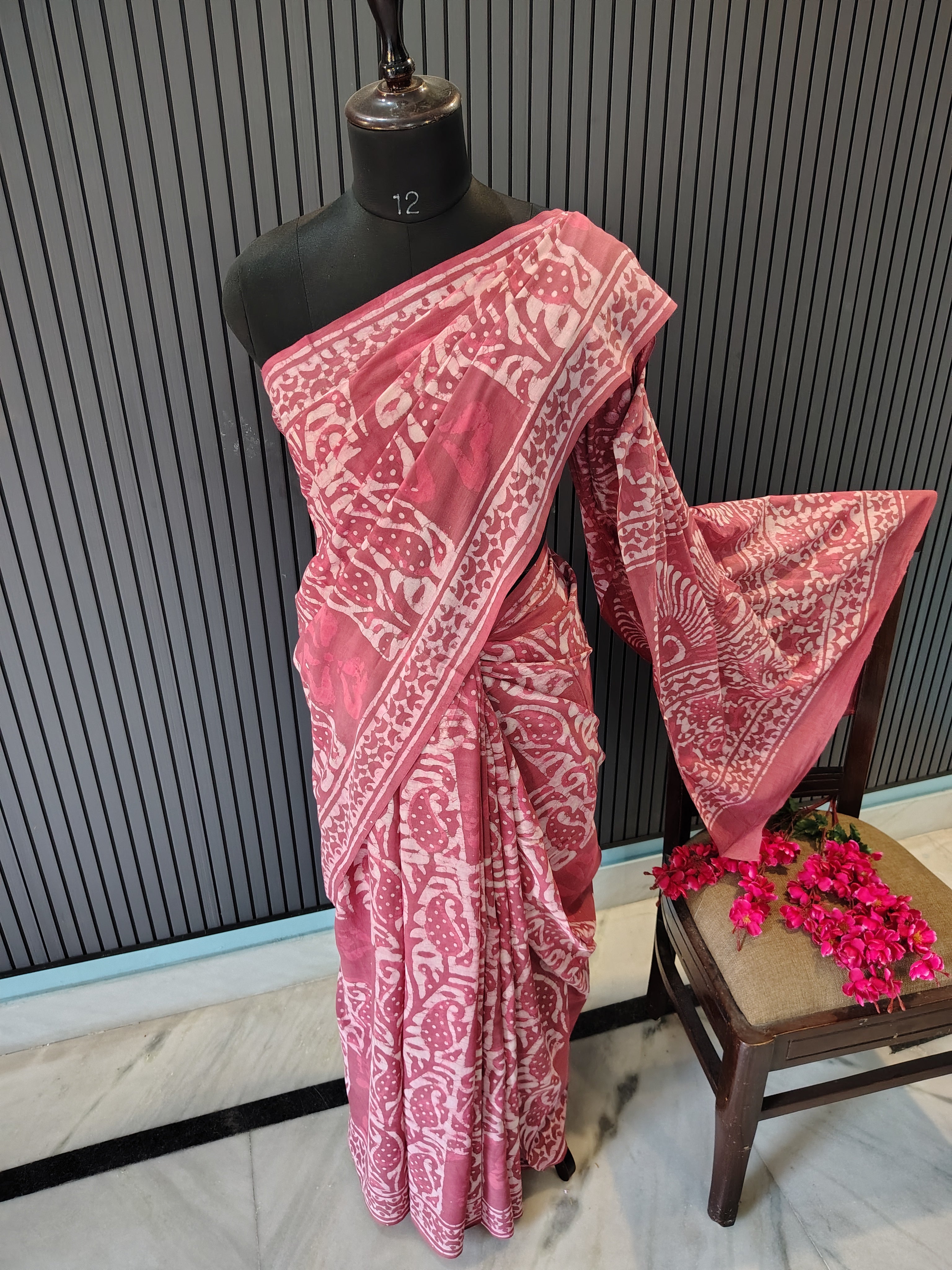 Rose Pink Block Print Cotton Saree