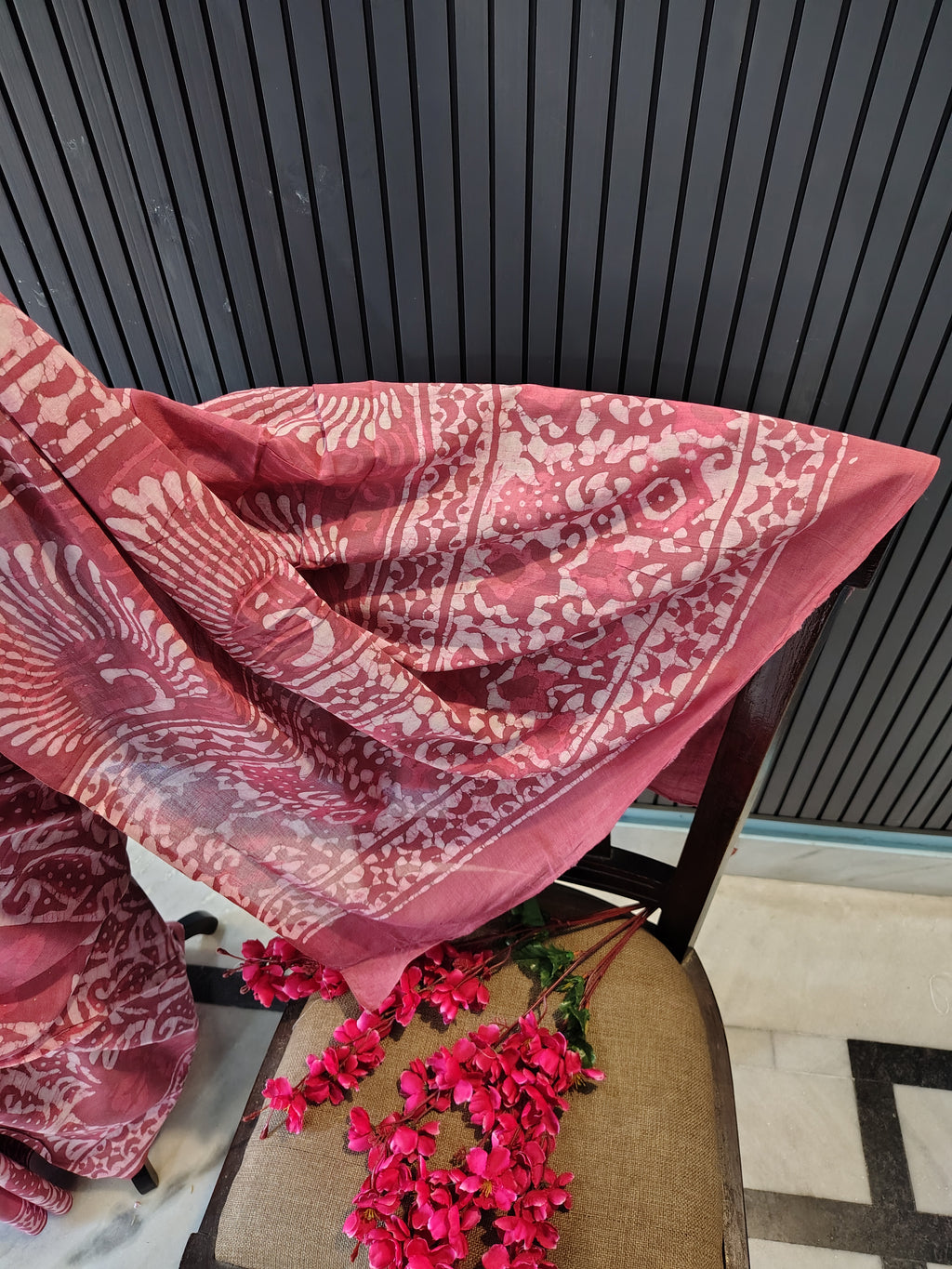 Rose Pink Block Print Cotton Saree