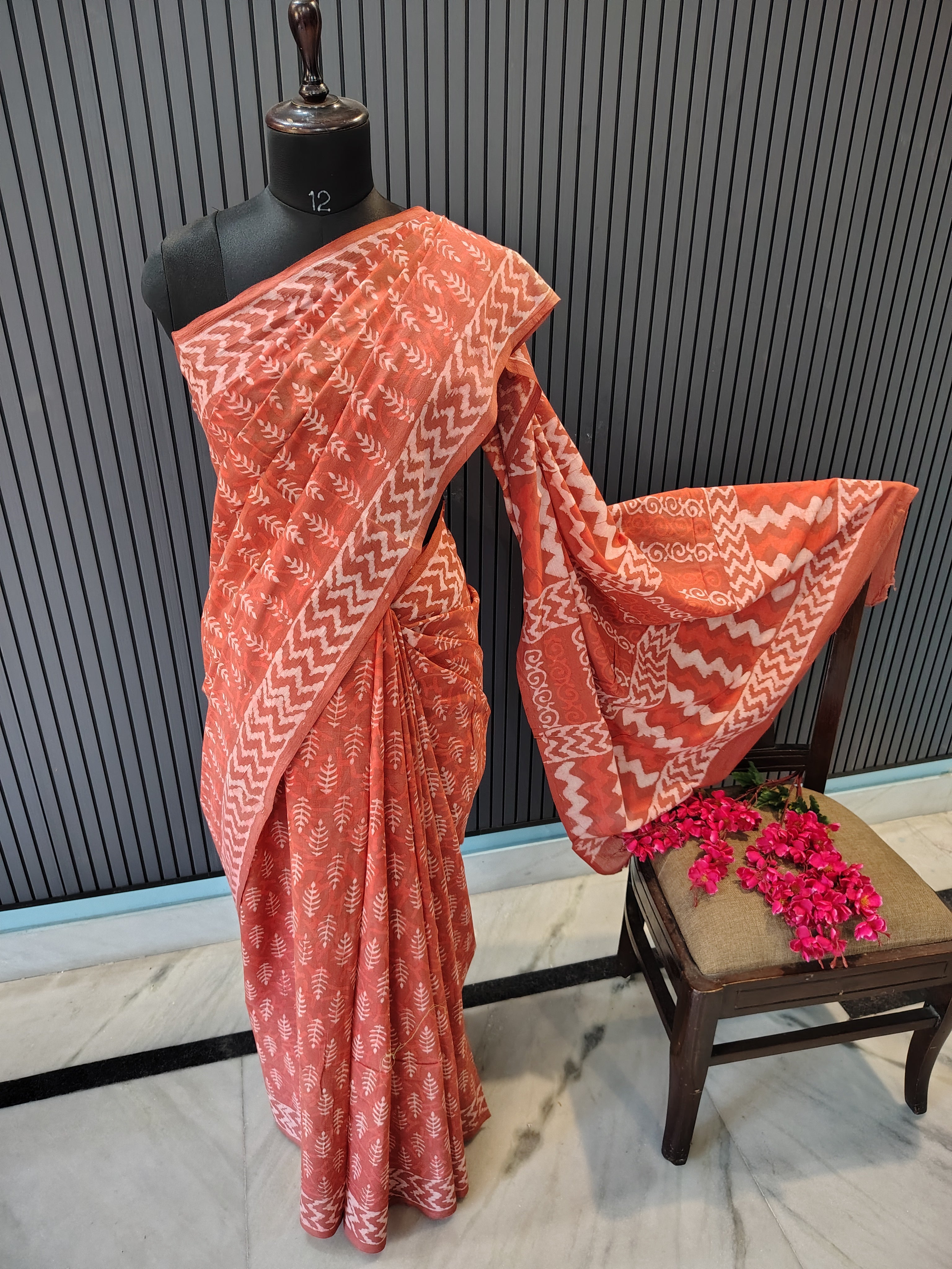 Burnt Red Block Print Cotton Saree