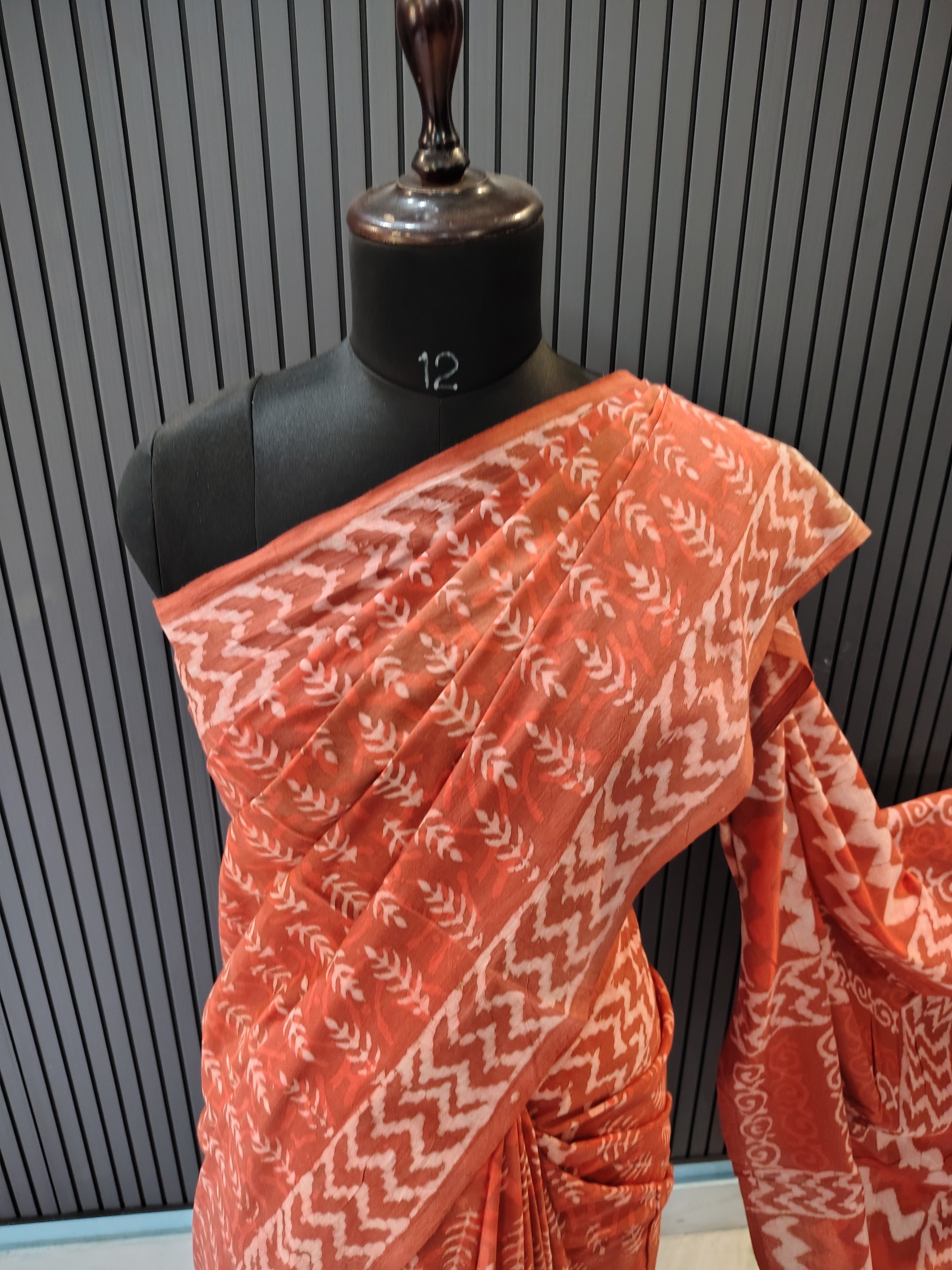 Burnt Red Block Print Cotton Saree