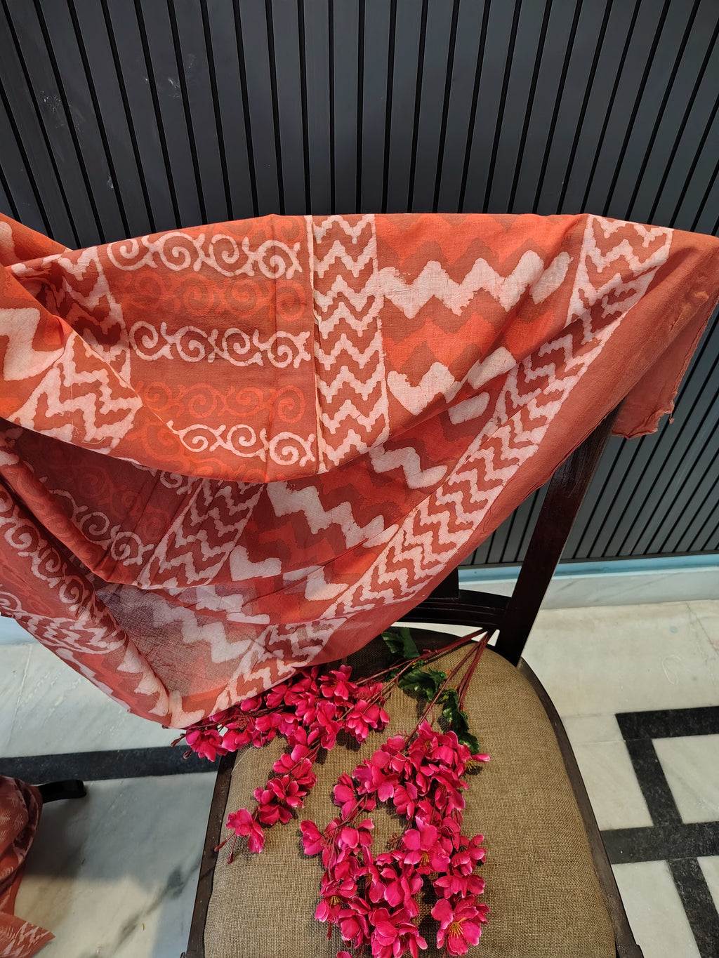 Burnt Red Block Print Cotton Saree