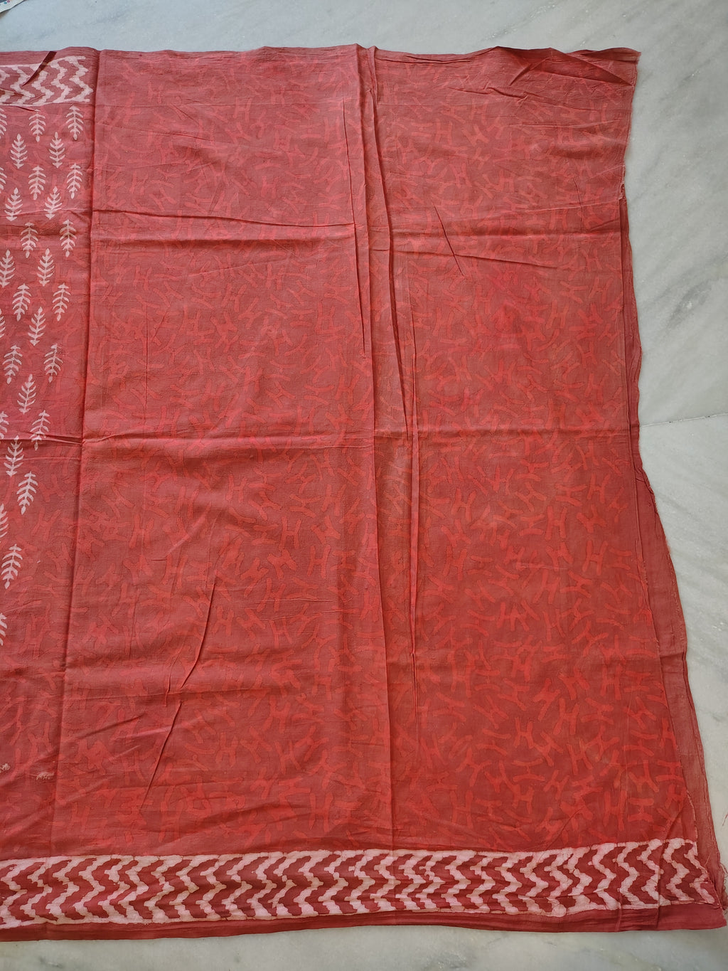 Burnt Red Block Print Cotton Saree