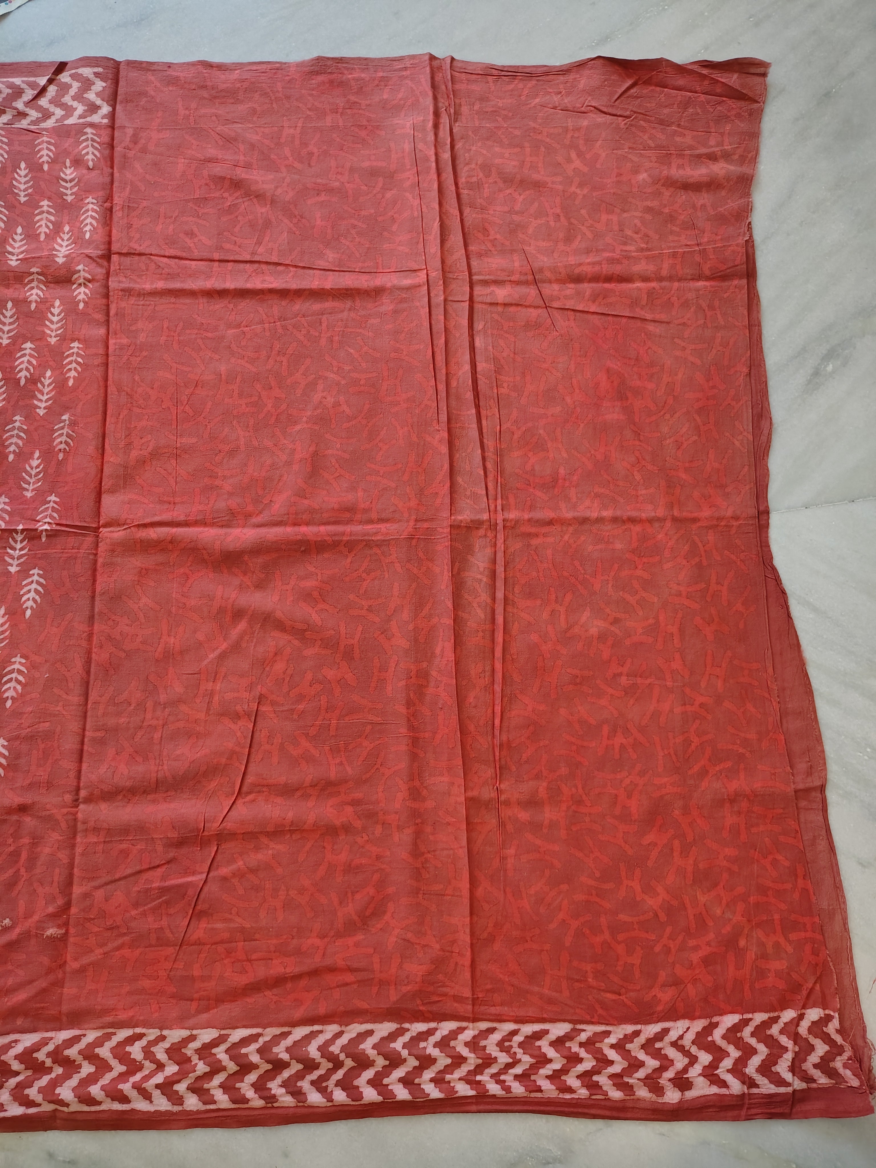 Burnt Red Block Print Cotton Saree