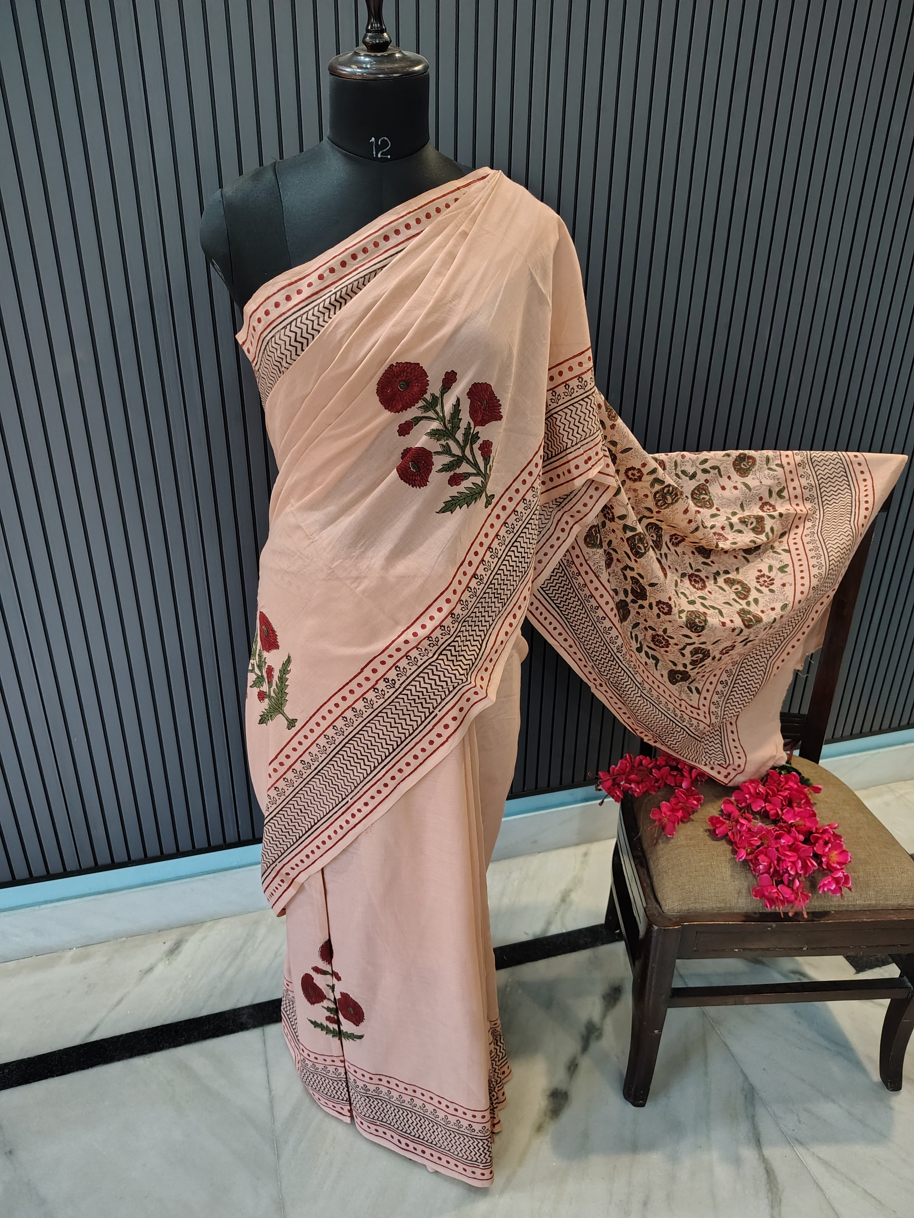 Peach Block Print Cotton Saree