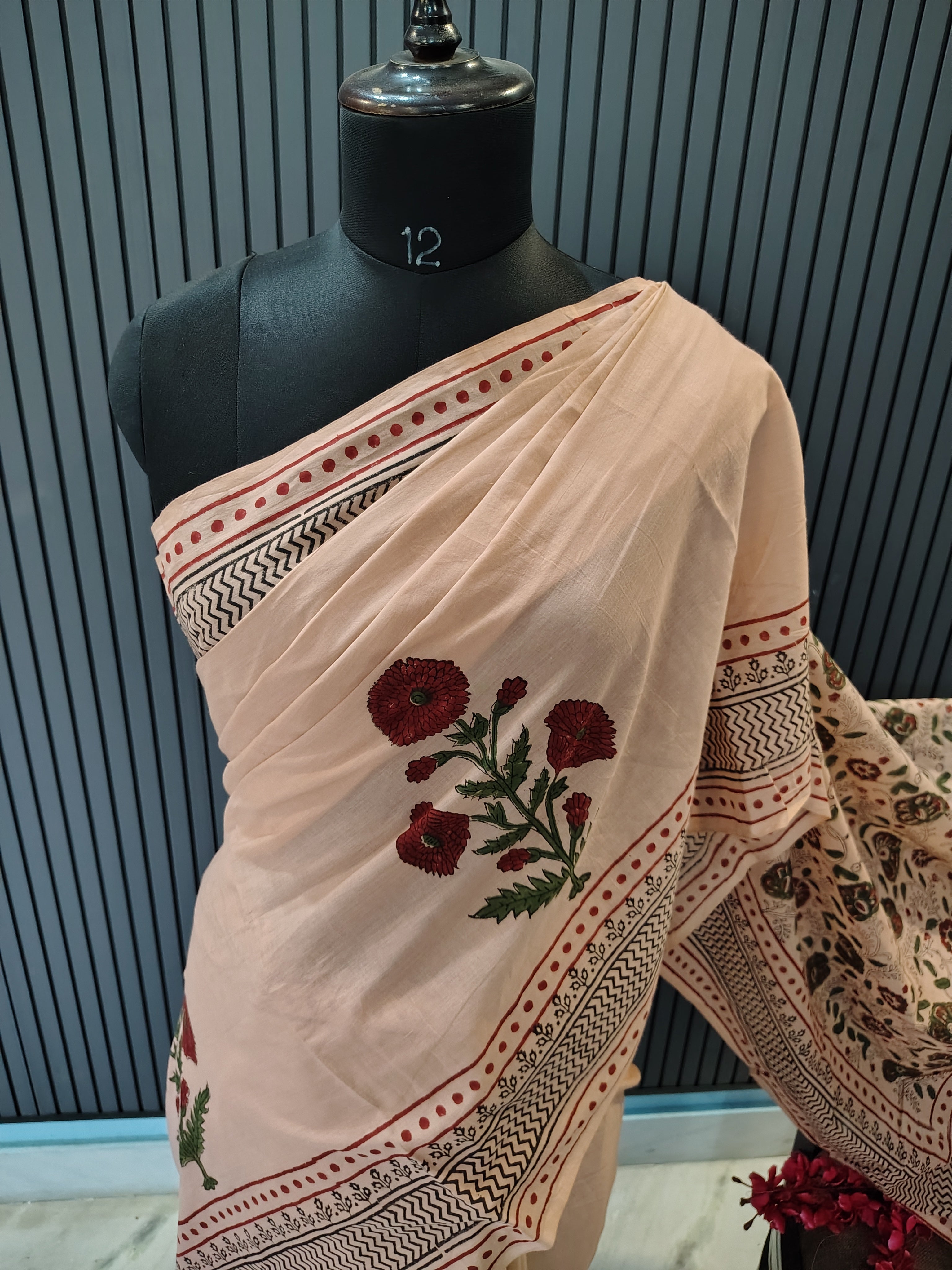 Peach Block Print Cotton Saree