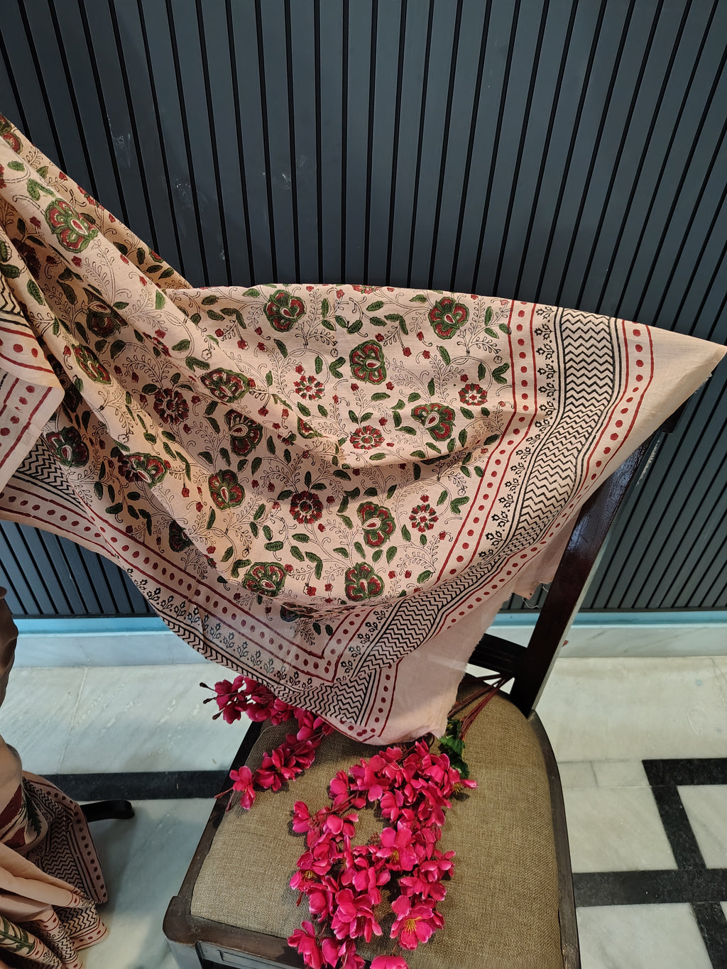 Peach Block Print Cotton Saree