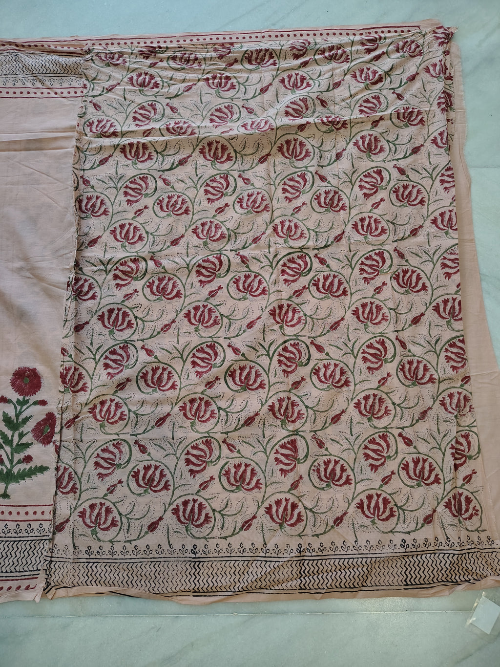 Peach Block Print Cotton Saree
