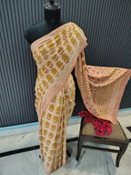 Beige Block Print Cotton Saree