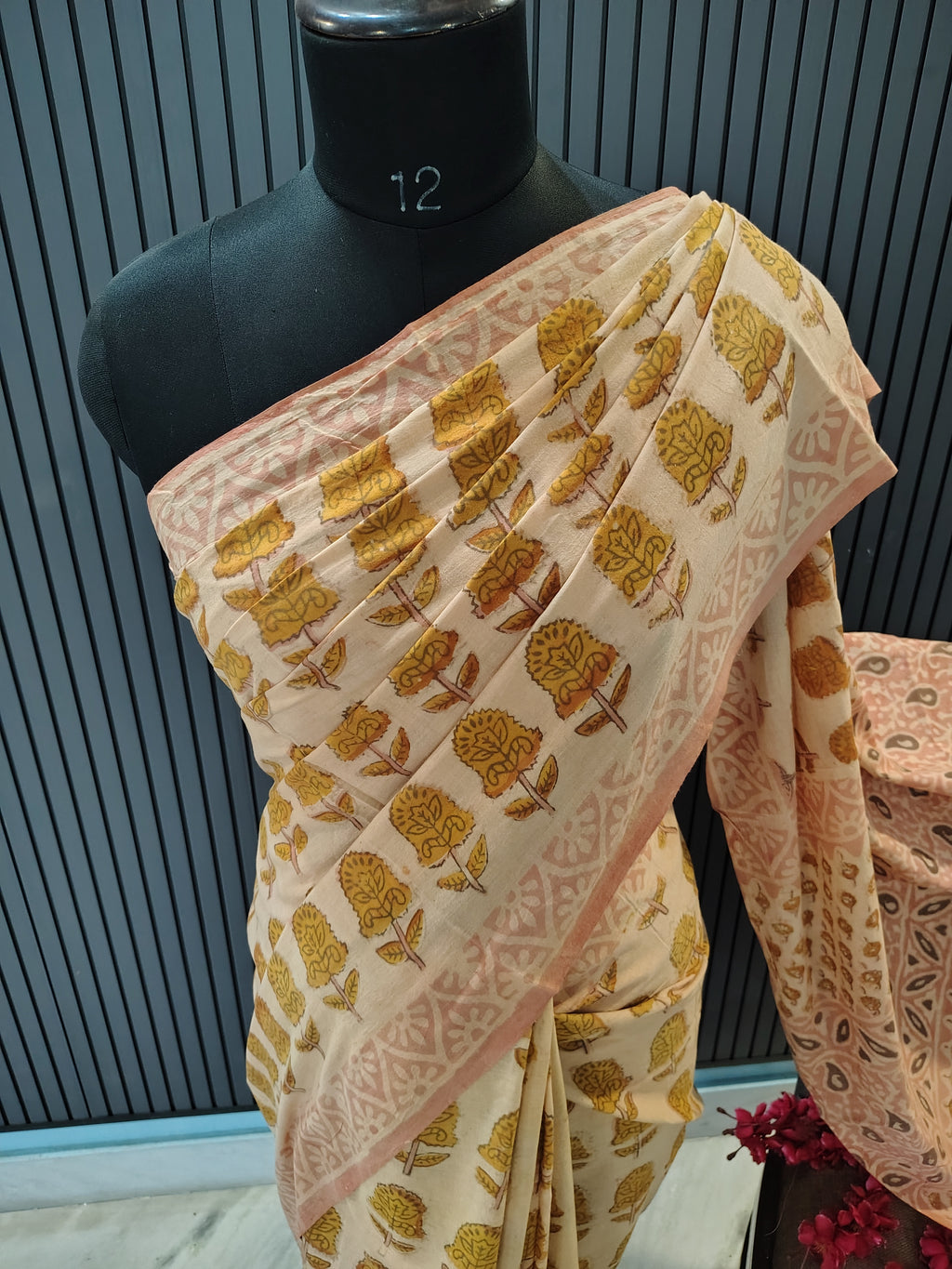 Beige Block Print Cotton Saree