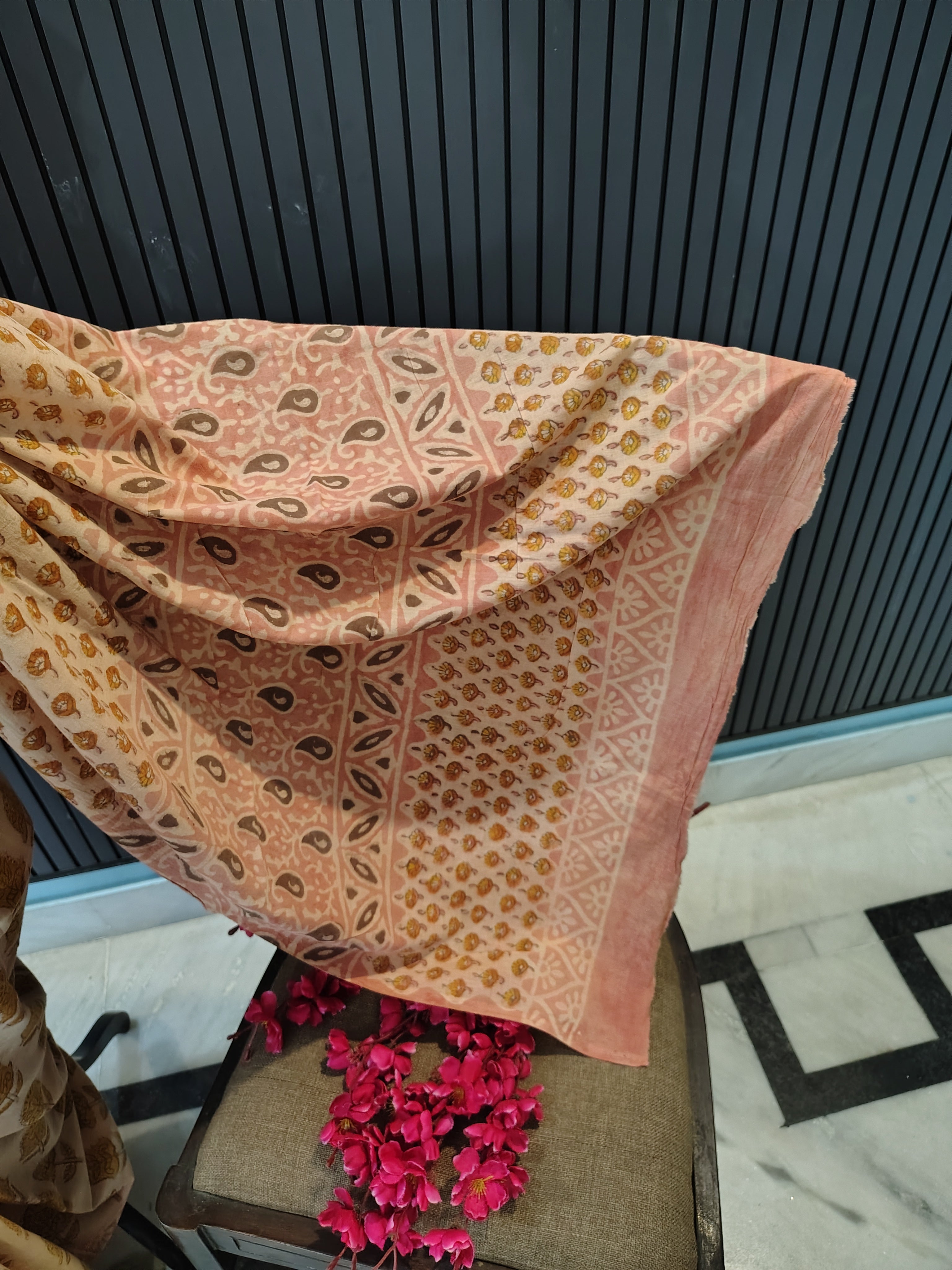 Beige Block Print Cotton Saree
