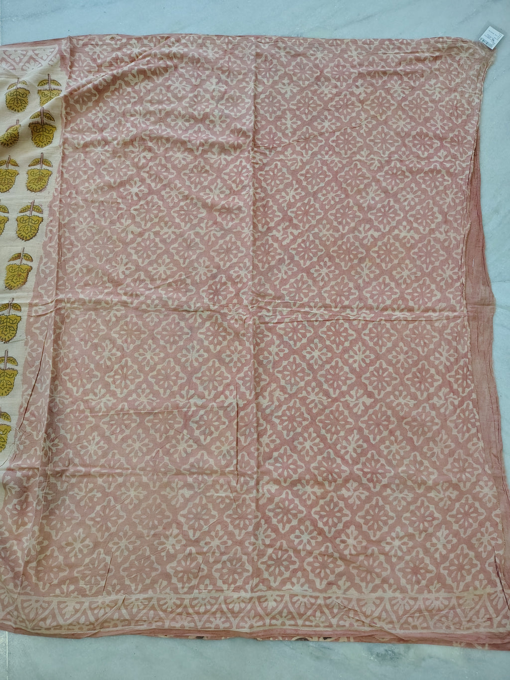 Beige Block Print Cotton Saree