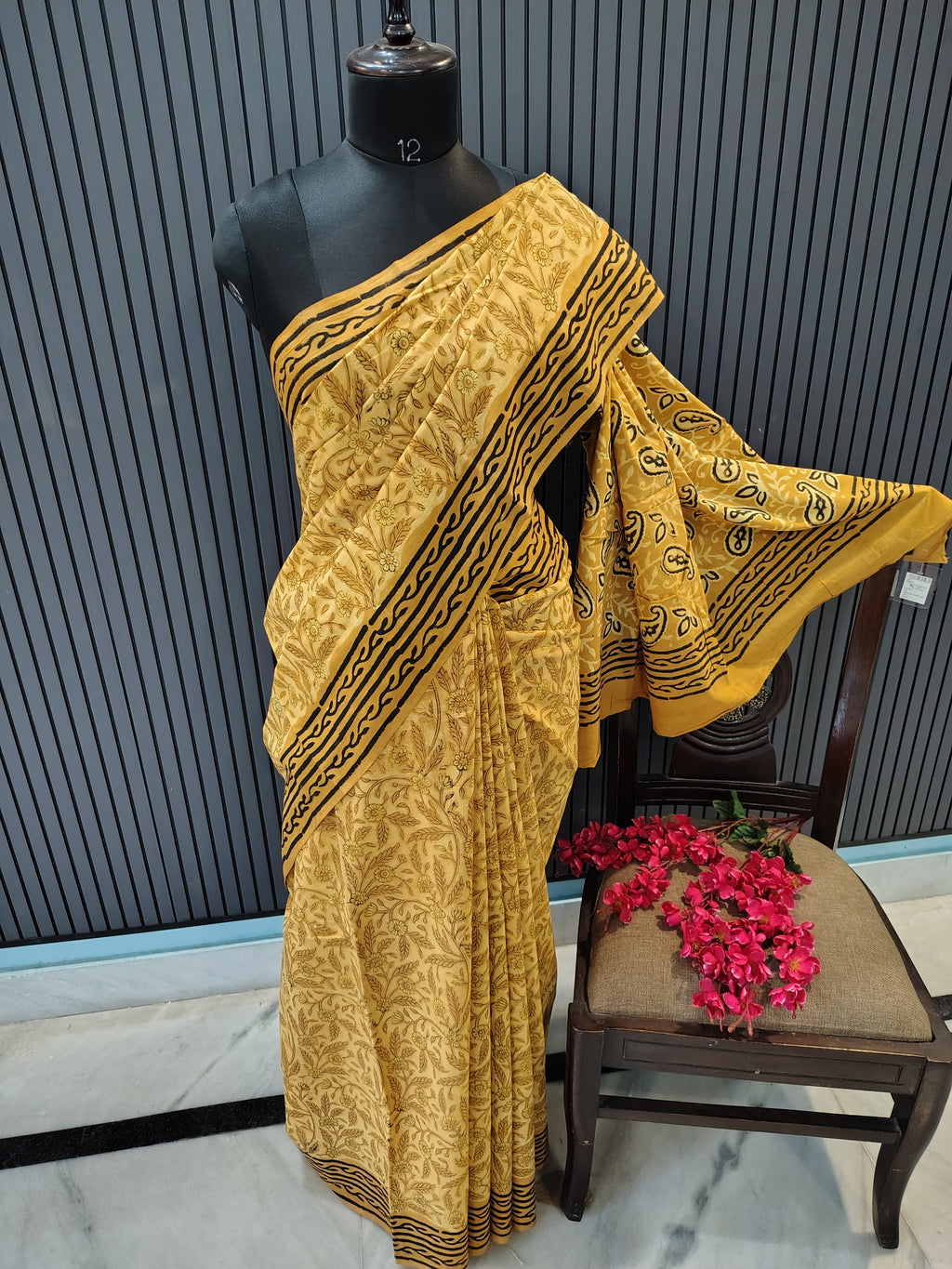 Mustard Block Print Cotton Saree