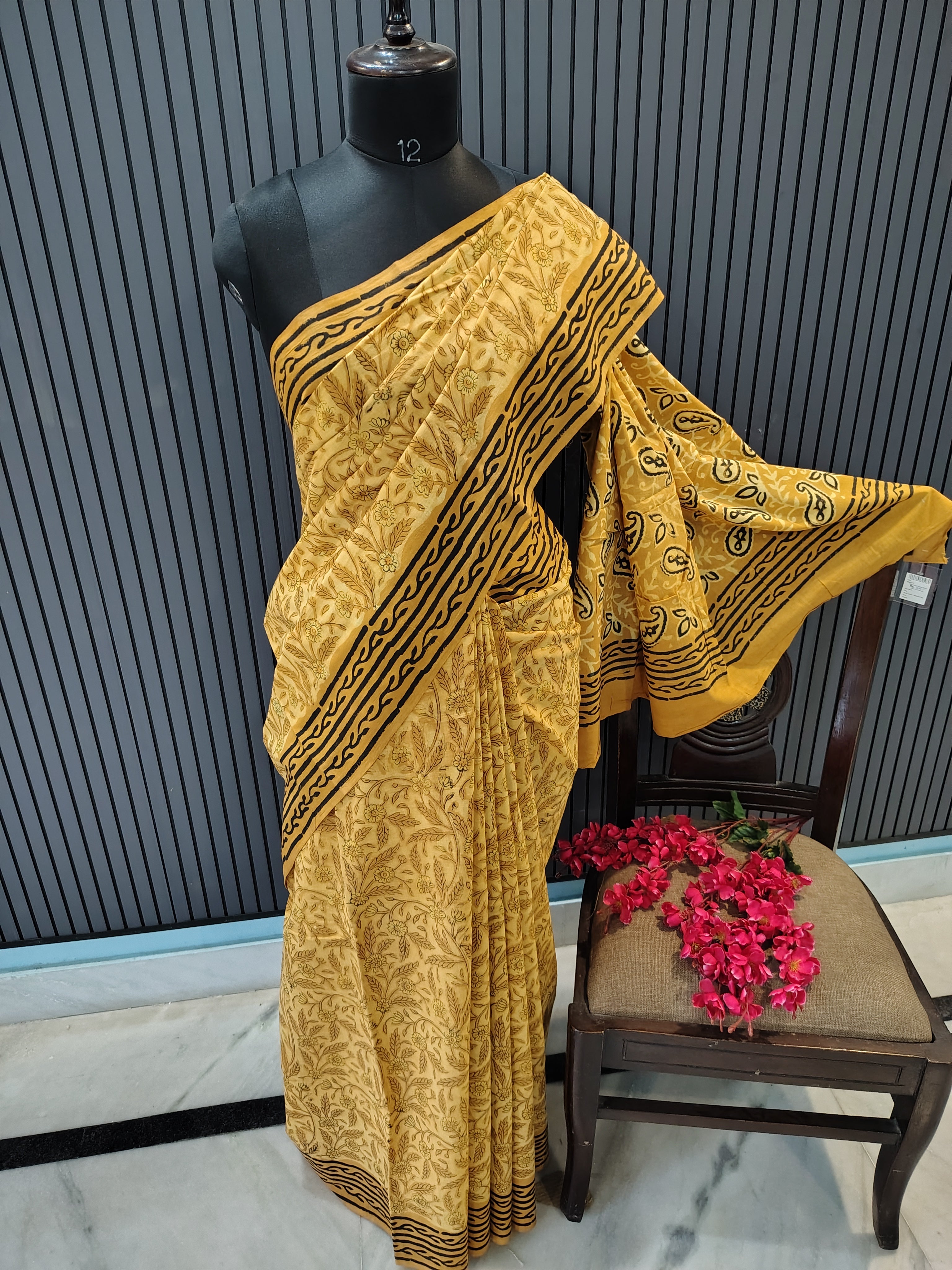 Mustard Block Print Cotton Saree