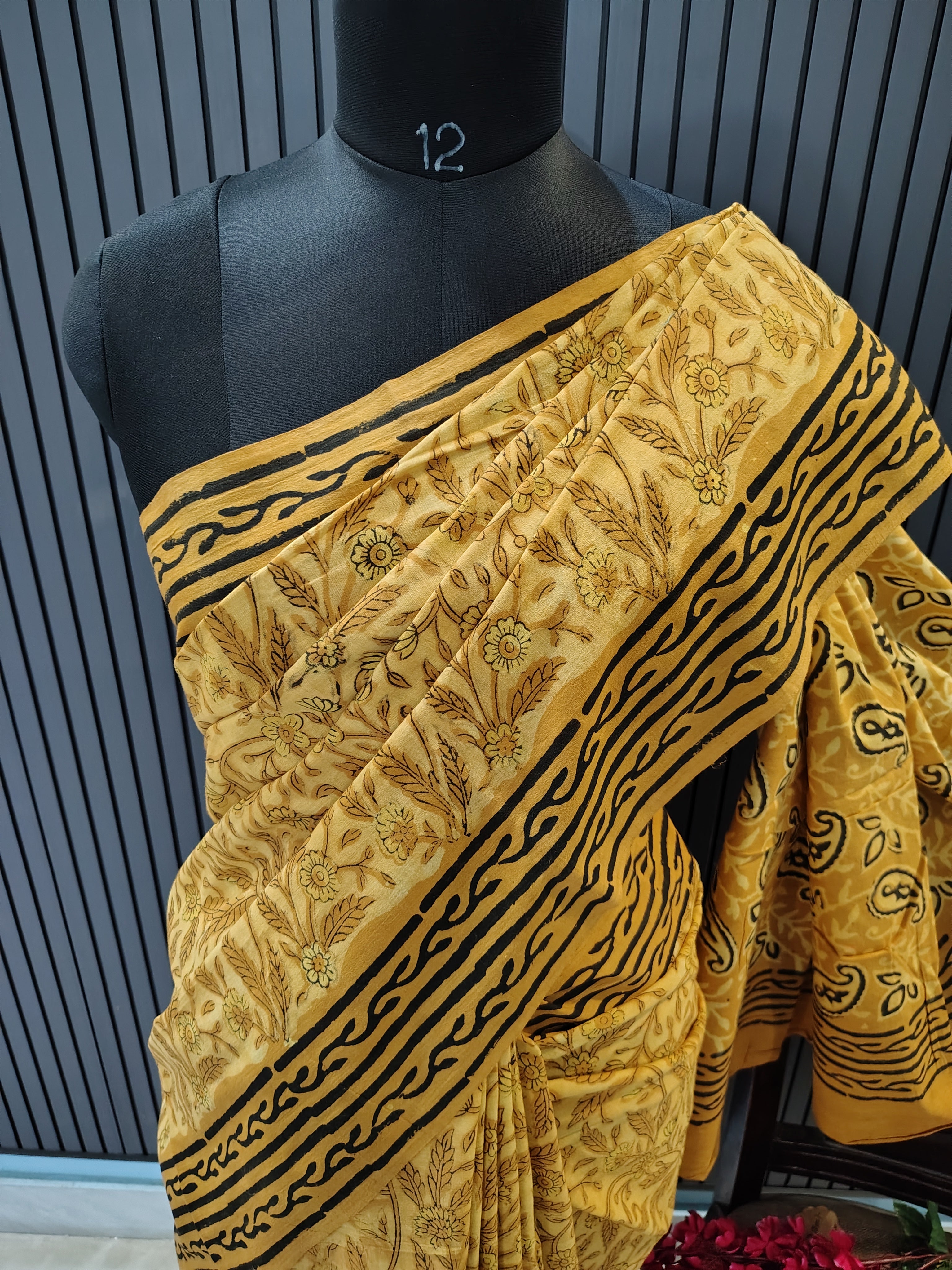 Mustard Block Print Cotton Saree