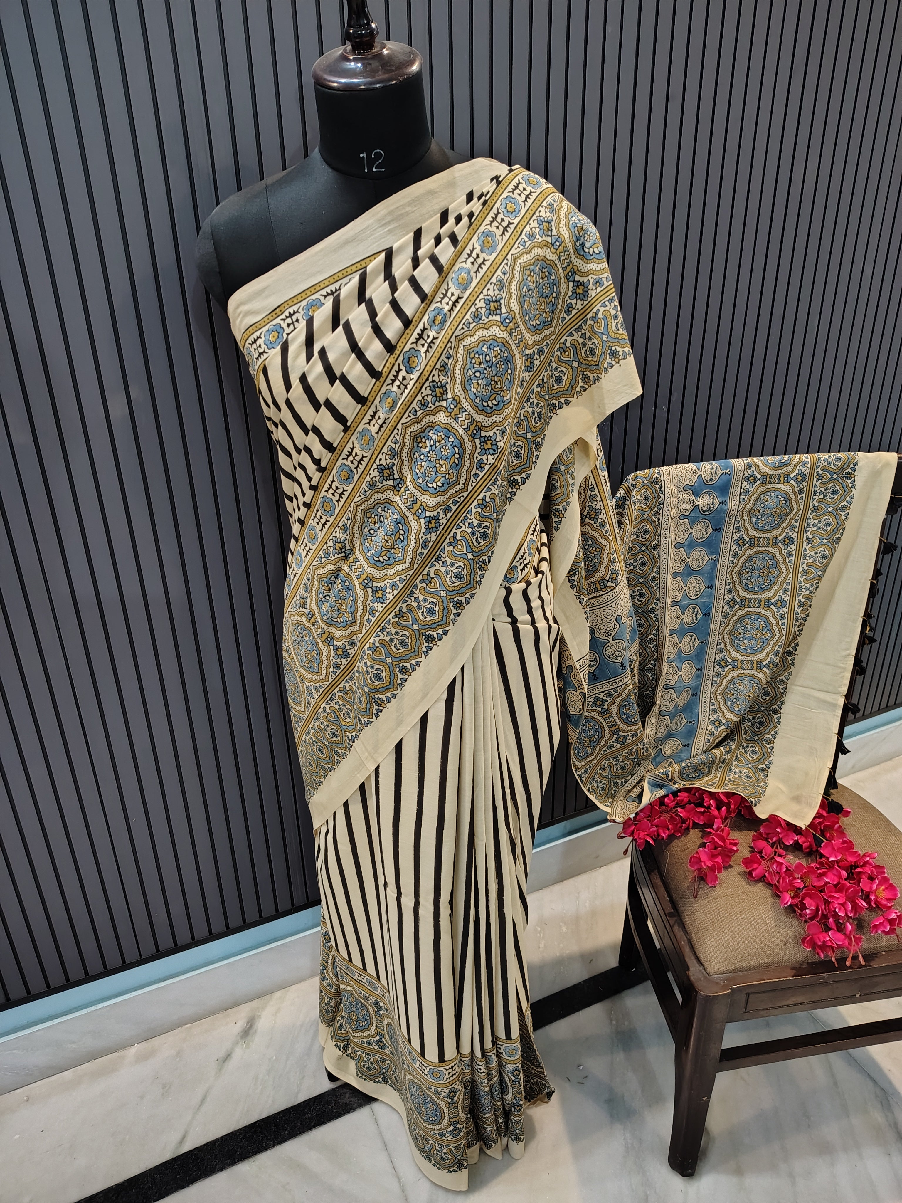 Creamline Ajrakh Cotton Saree