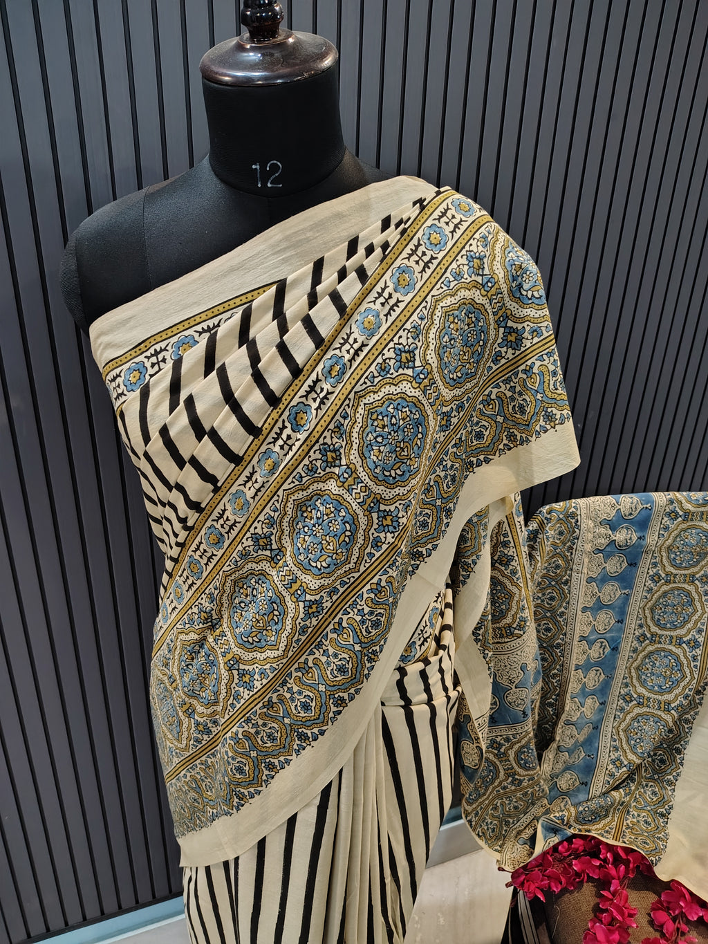 Creamline Ajrakh Cotton Saree