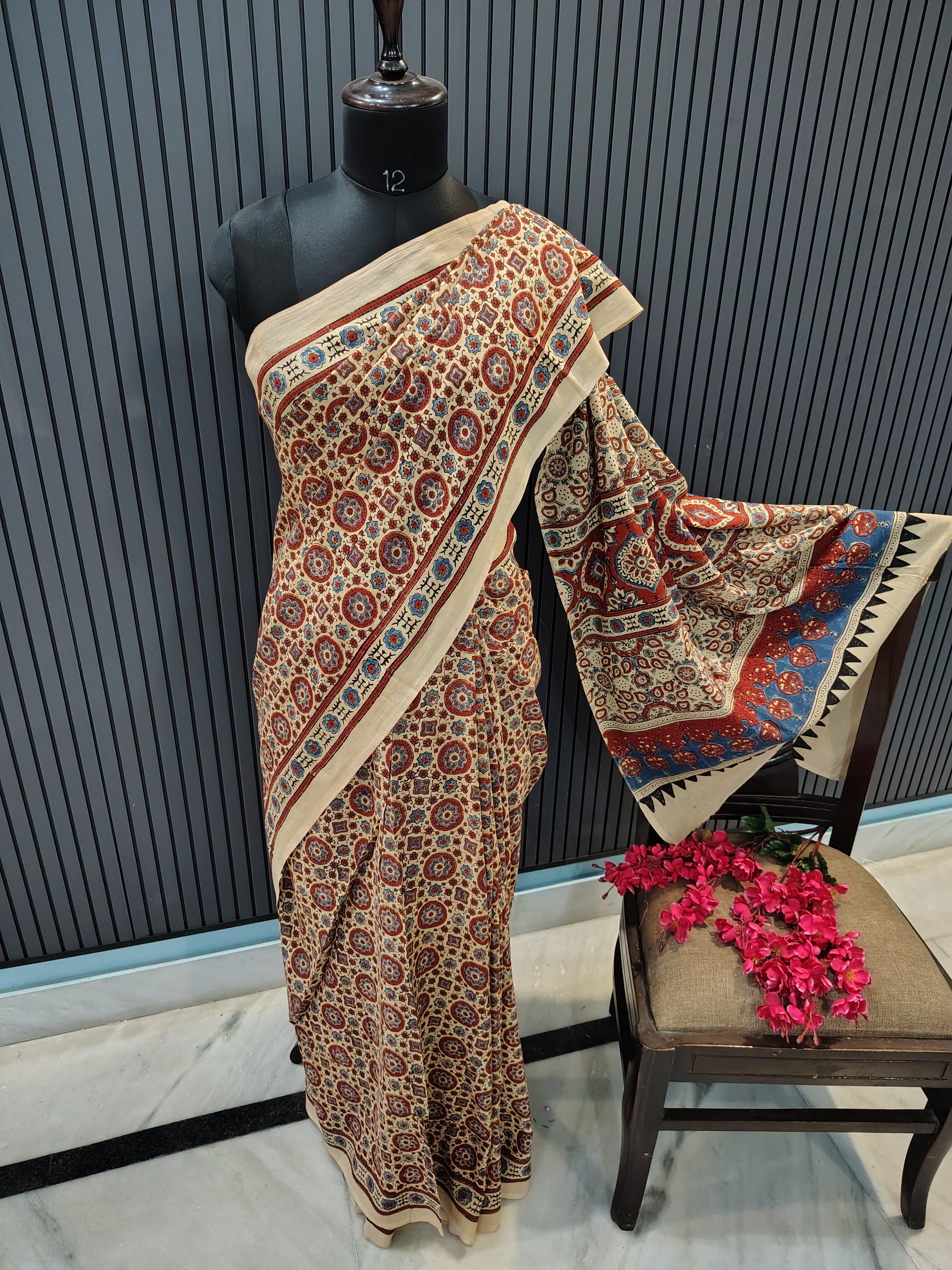Beige Jharokha Ajrakh Cotton Saree