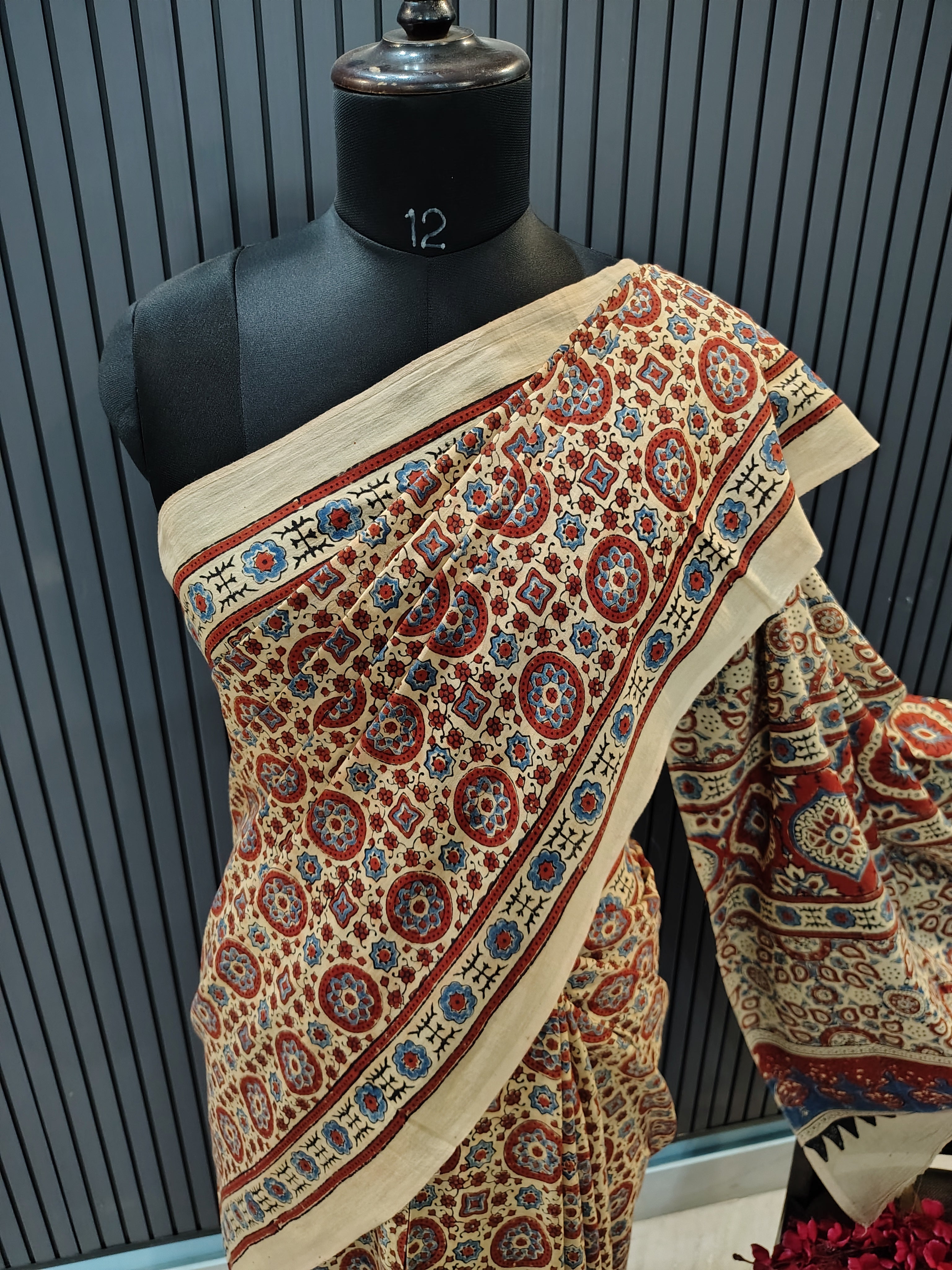 Beige Jharokha Ajrakh Cotton Saree