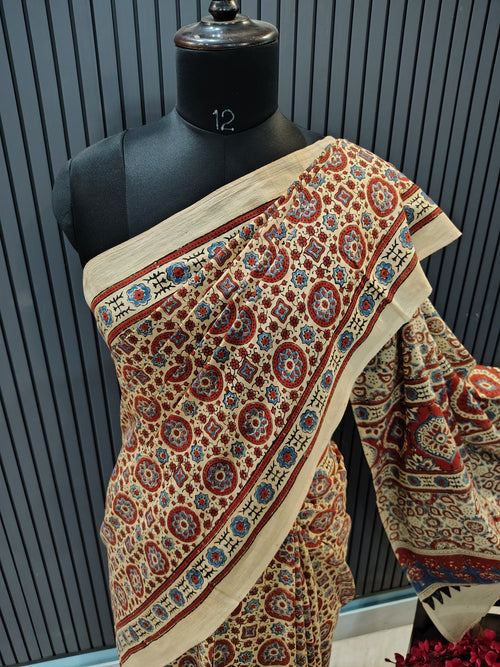 Beige Jharokha Ajrakh Cotton Saree