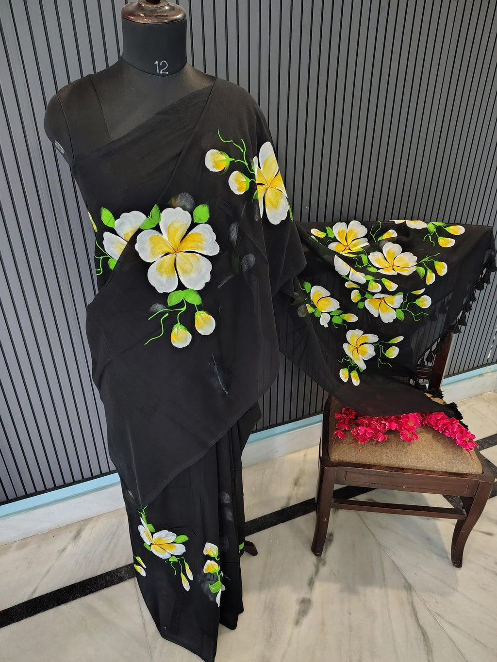 Black Hibiscus Mulmul Saree