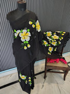 Black Hibiscus Mulmul Saree
