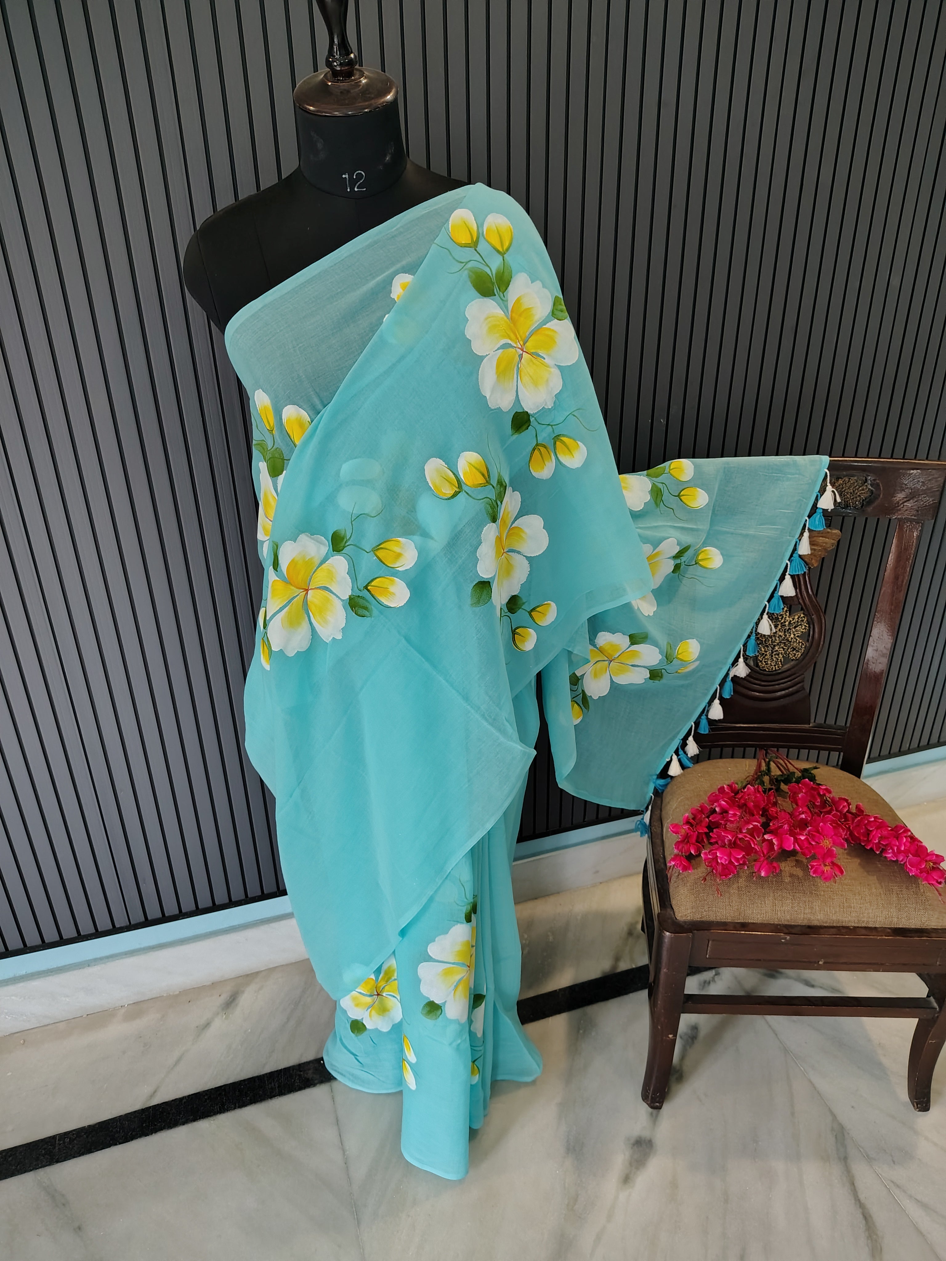 Sky Blue Hibiscus Mulmul Saree