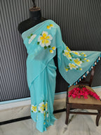 Sky Blue Hibiscus Mulmul Saree