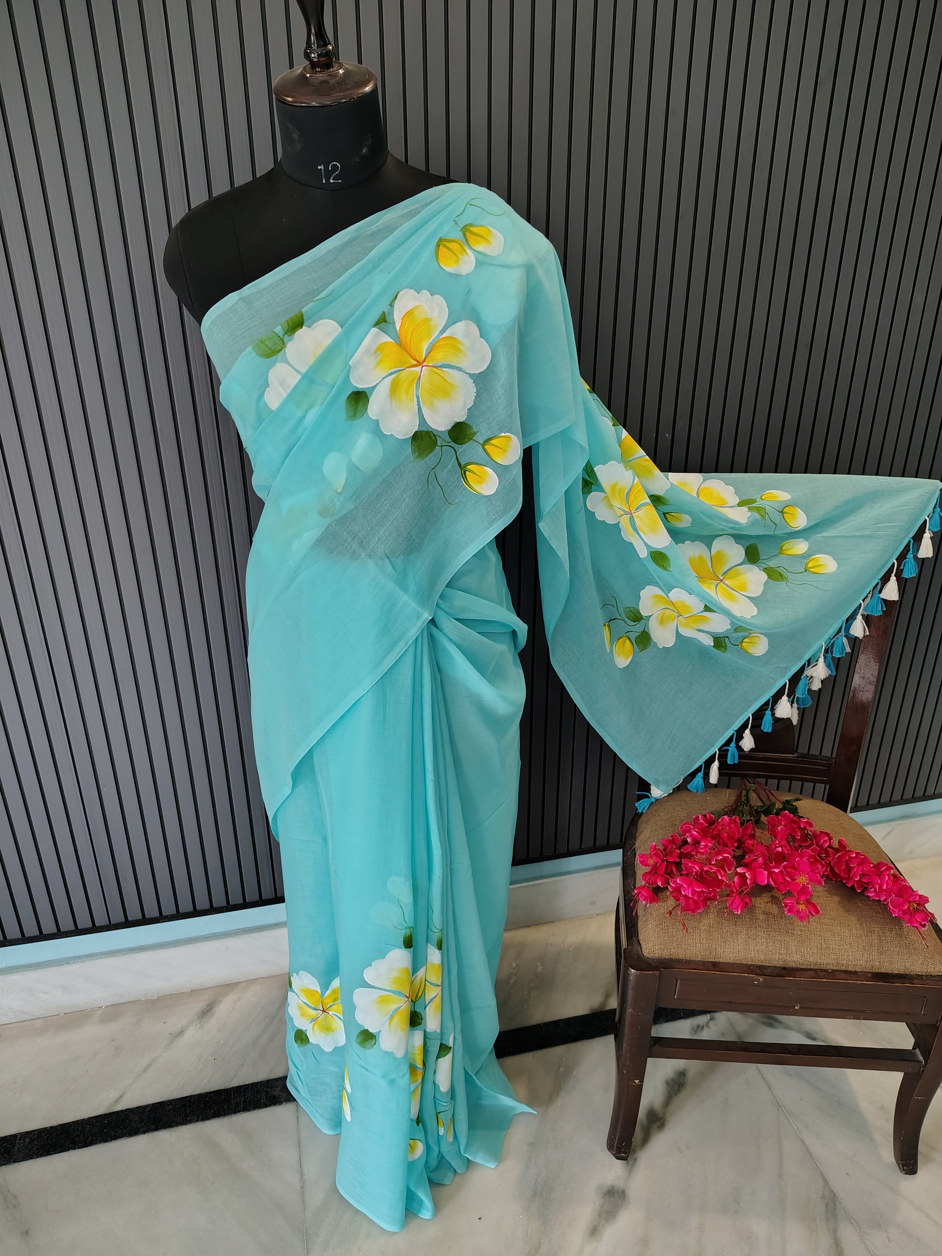 Sky Blue Hibiscus Mulmul Saree