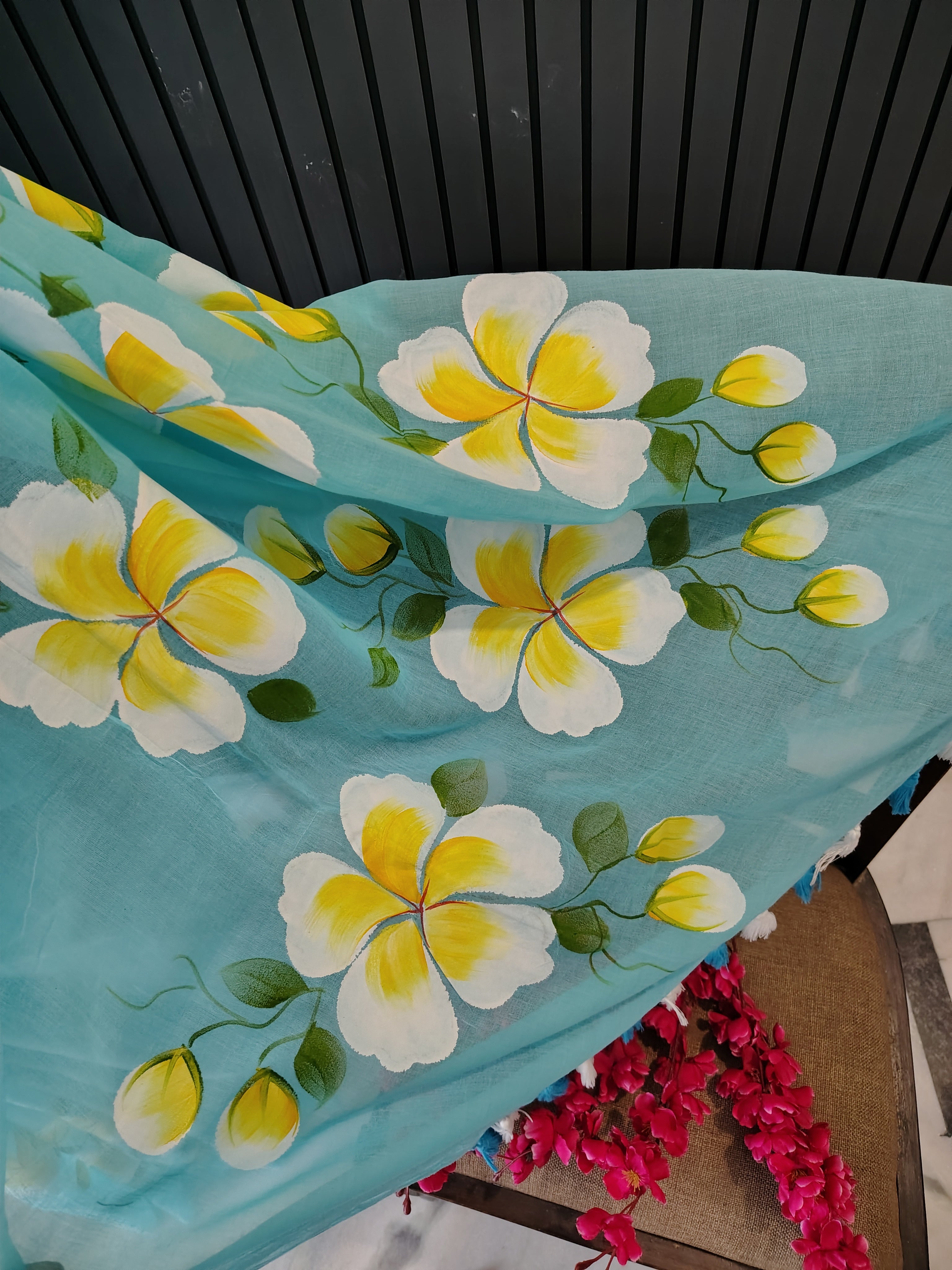 Sky Blue Hibiscus Mulmul Saree